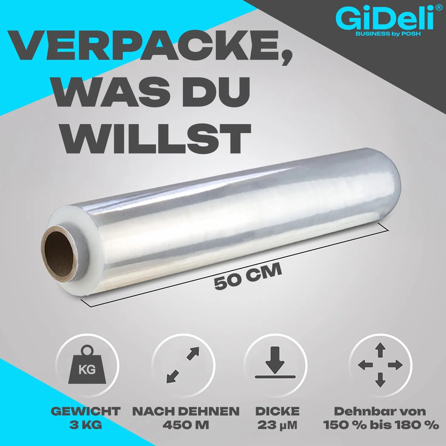 GiDeli Folia stretch przezroczysta rolka folii stretch - 2 x folia do owijania - folia stretch ręczny 450 m / 50 cm materiał opakowania - folia do pakowania na rolkach - folia do mebli - folia do