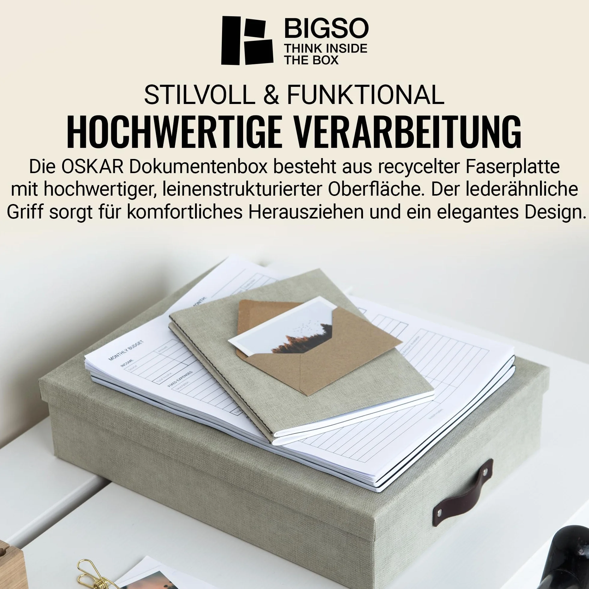 BIGSO BOX OF SWEDEN OSKAR Pudełko na dokumenty A4, broszury itd. – półka na biurko z pokrywką i uchwytem – pudełko do przechowywania z płyty pilśniowej i papieru o wyglądzie lnu, beżowe