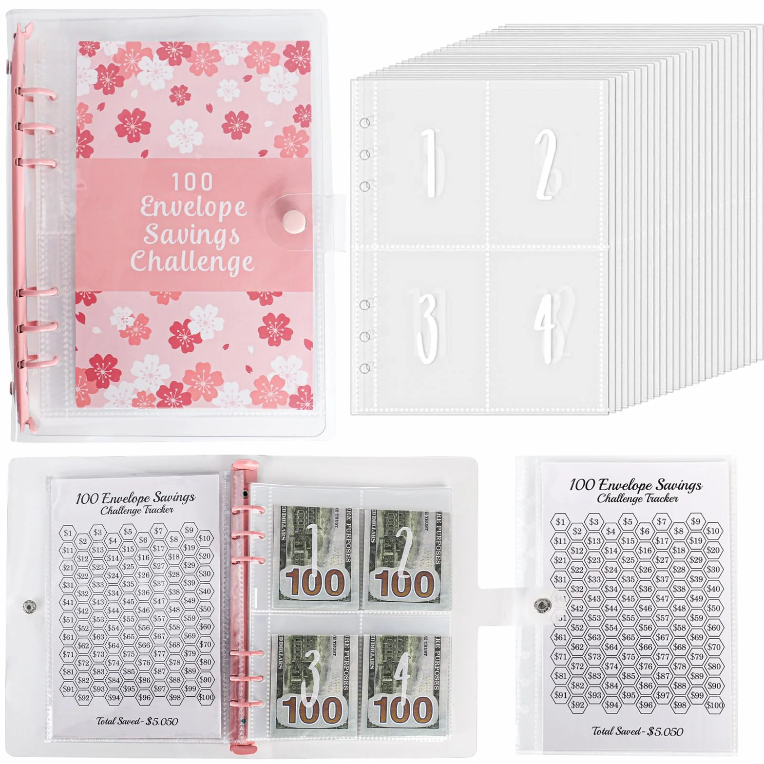 100 Envelope Saving Challenge Deutsch, planer budżetowy A5 z trackerem Challengers i kieszeniami pre-numbered, książeczka oszczędnościowa na wyzwania pieniędzy, segregator do budżetu