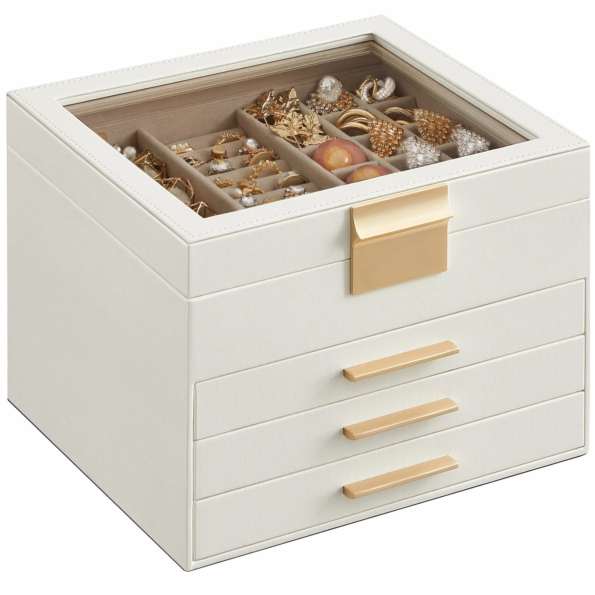SONGMICS Pudełko na biżuterię, 4 poziomy, ze szklaną pokrywką, miejsce do przechowywania biżuterii, 20,3 x 23,1 x 16,5 cm, chmura białego złota JBC173W01