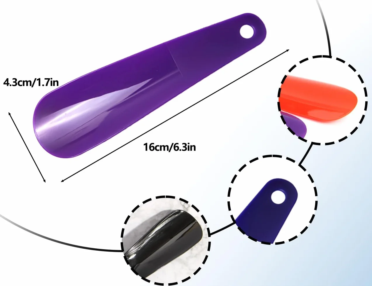 KAPSING 4 łyżki do butów, plastikowe, trwałe, przenośne, zestaw mini ściągaczy do butów, zaprojektowane do różnych butów, kozaki do wszystkich rozmiarów stóp (czarny, pomarańczowy, fioletowy i
