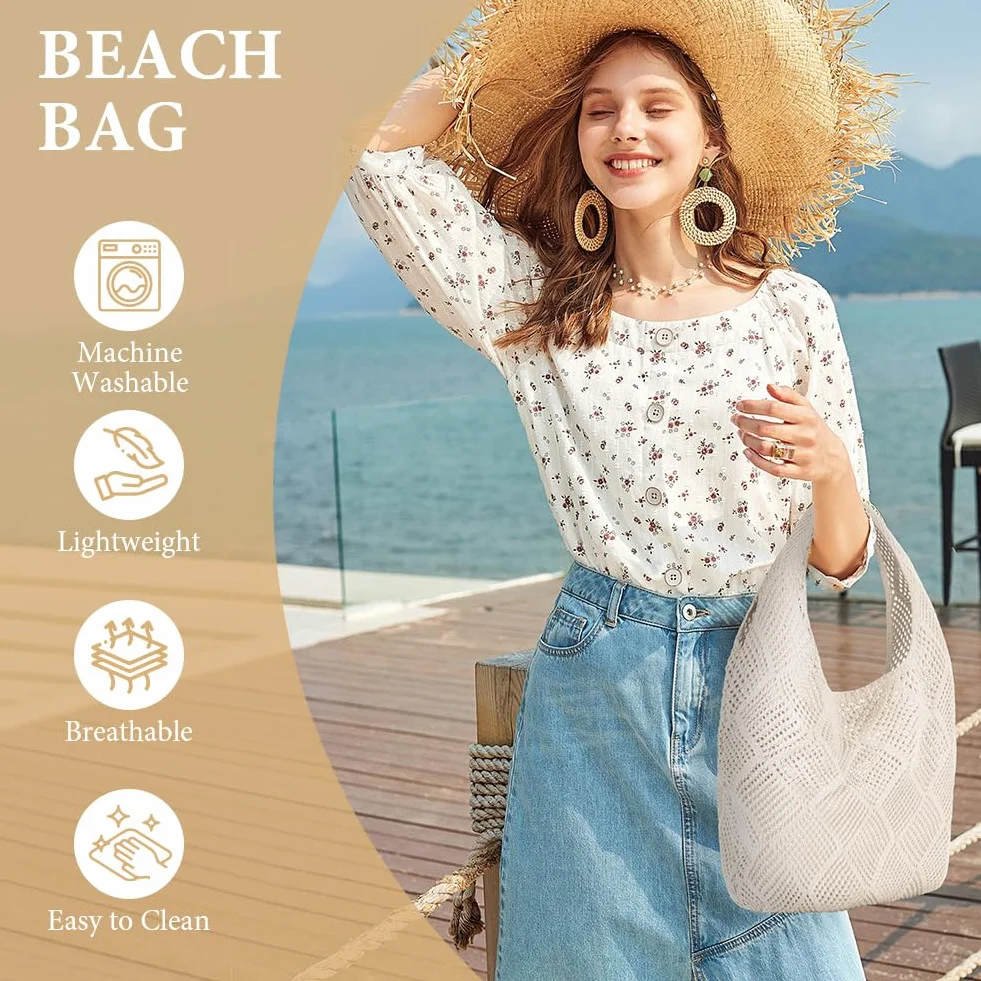 Aucuu Damskie torebki z dzianiny, retro ażurowe plecione torby na ramię, torba na ramię boho, szydełkowa siatkowa torba typu tote, torba plażowa dla kobiet, torba podróżna do zakupów na wakacje