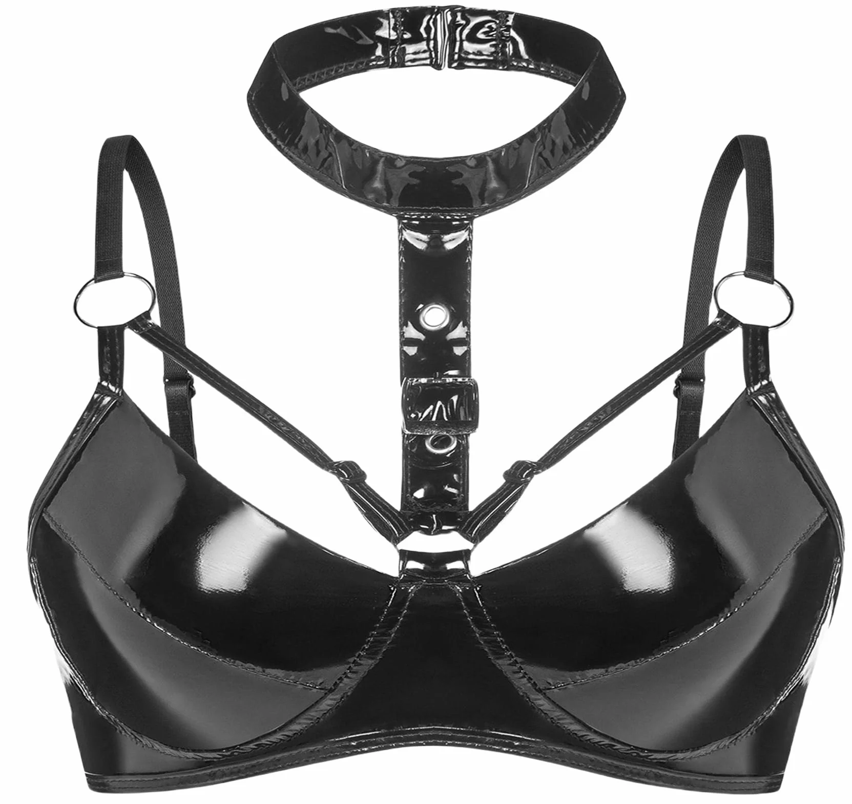 Maeau Damski biustonosz lateksowy seksowny Babydoll Crop Top Bra Wetlook błyszczący Braletka do klubu nocnego na imprezę EU S-XXL (Azja M-3XL)