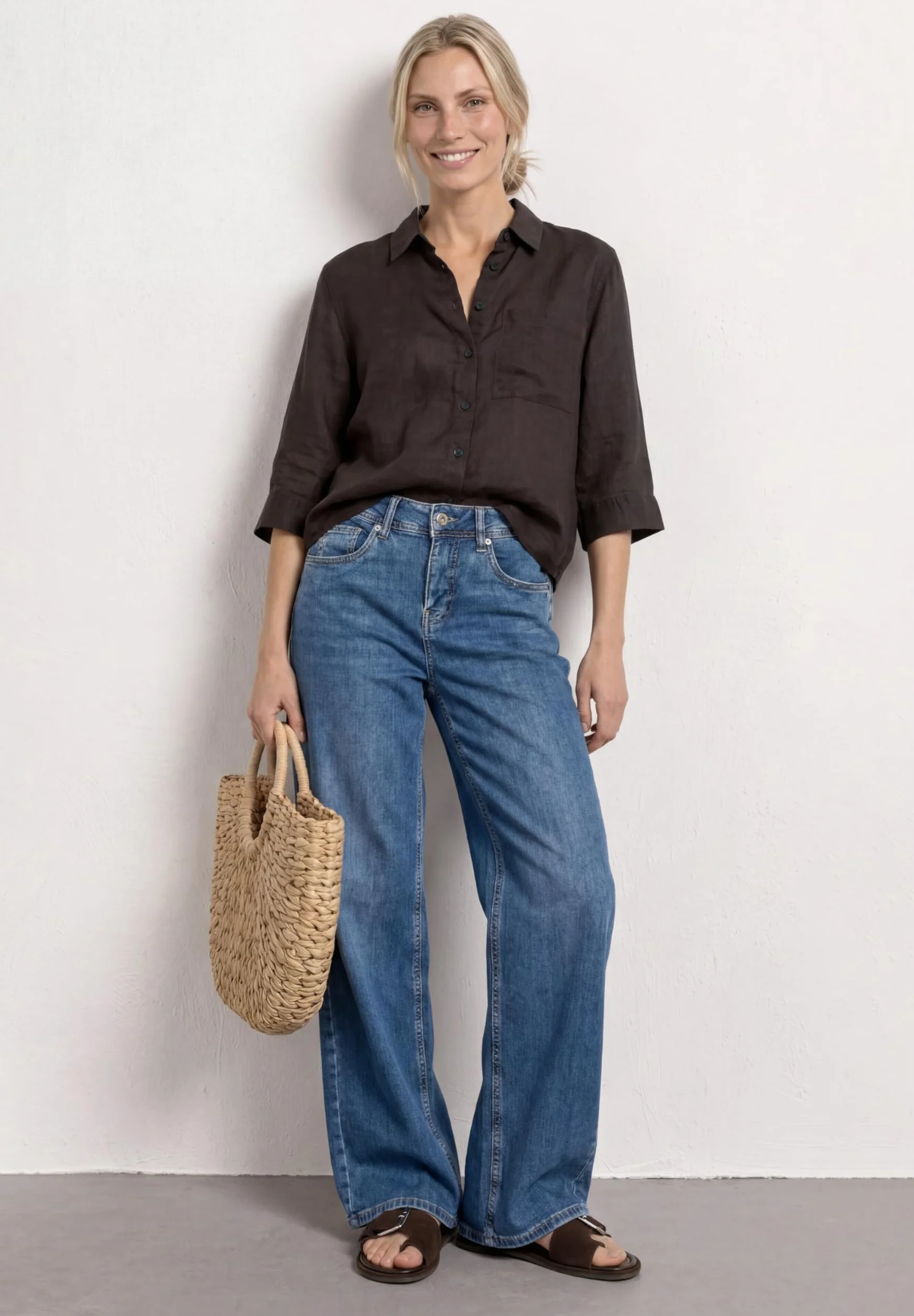 Street One Lniana bluzka z kieszenią na piersi Espresso Brown 40