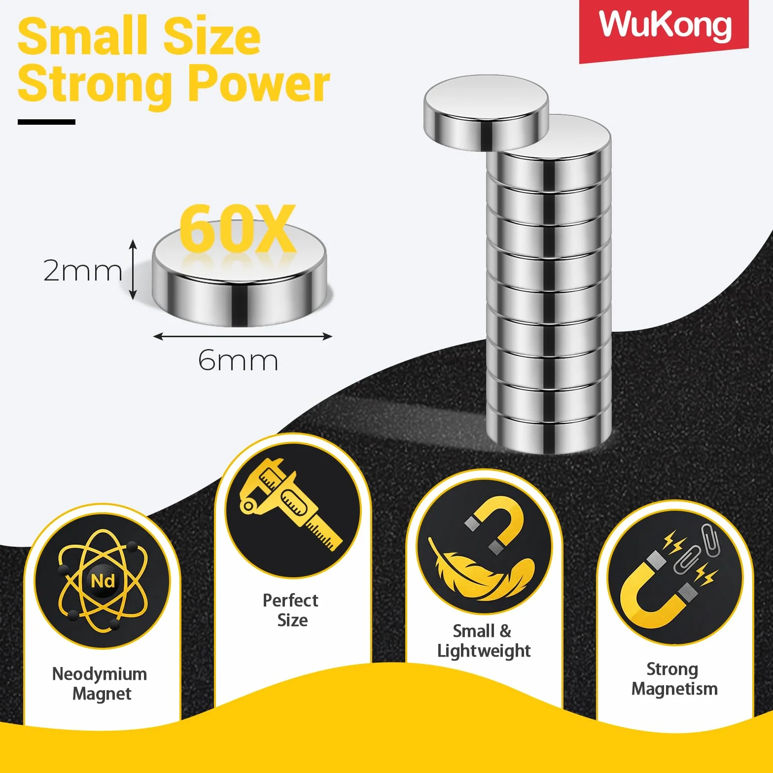Wukong N45 mini magnesy mocne, 6 x 2 mm, 60 sztuk magnesów neodymowych, małe, ale mocne, do lodówki, biura, drukarki 3D, modeli i projektów "zrób to sam"