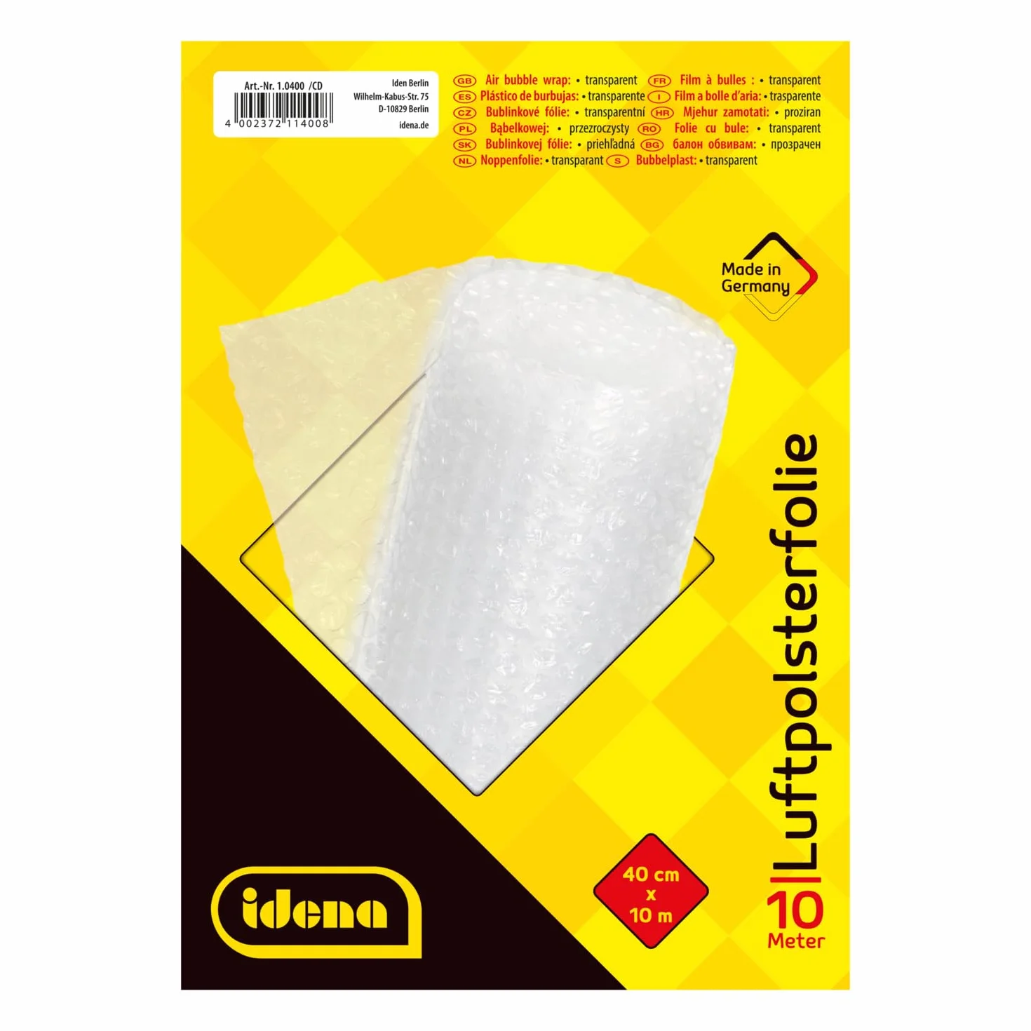 Idena 10400 - Folia bąbelkowa do wysyłek, pakowania i przeprowadzek, 40 cm x 10 m na rolce, 70 µ, przezroczysta, 1 szt