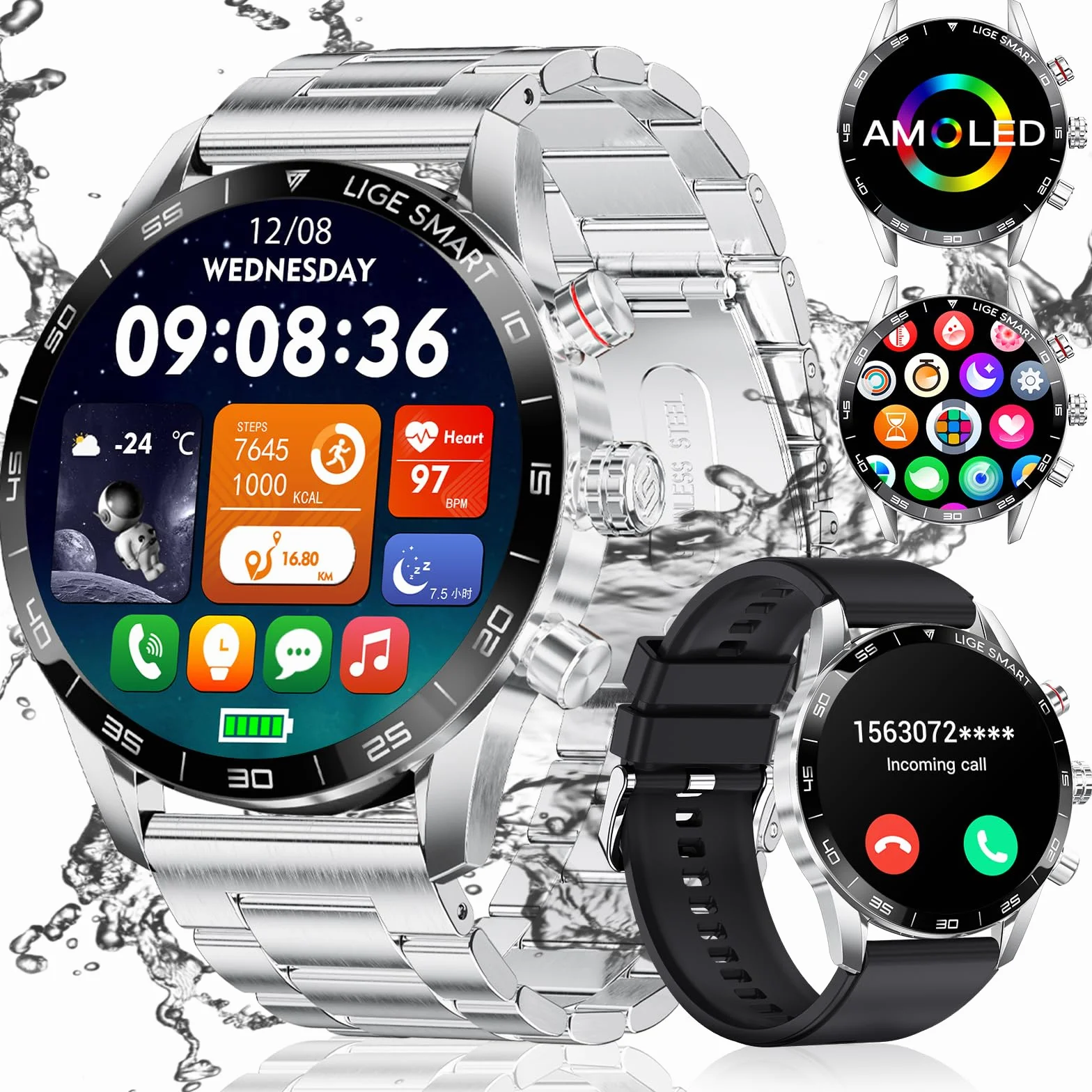 LIGE Smartwatch męski 1,43 cala z wyświetlaczem AMOLED, smartwatch z funkcją telefonu i wspomaganiem głosu, pulsometrem SpO2, 124 trybami sportowymi, zegarek fitness Smart Watch do systemu Android iOS