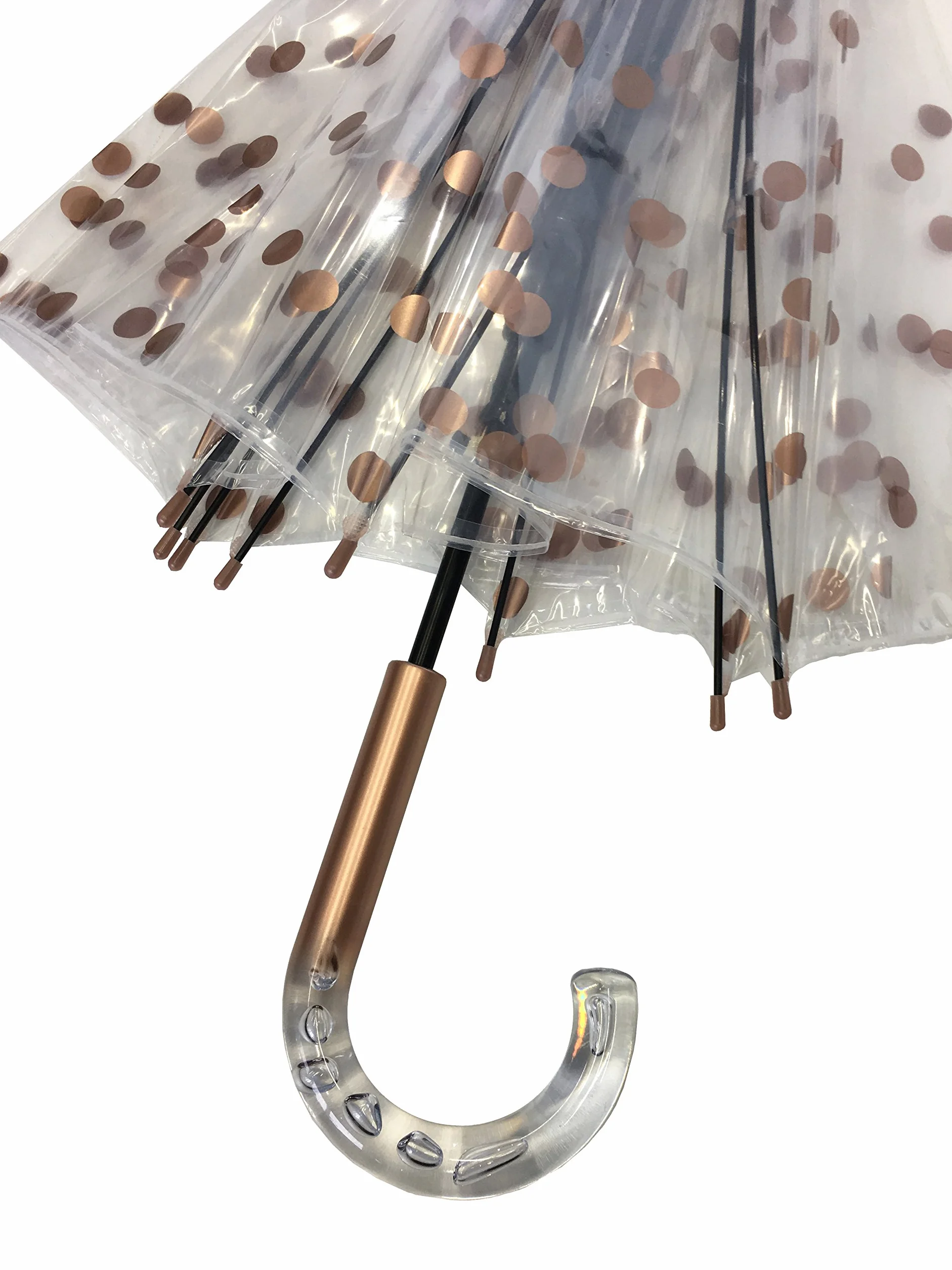 Damski przezroczysty parasol Bubble w miedzianym metalicznym kolorze Polka Dots - Wiatroodporny; Automatyczne otwieranie; Uchwyt w stylu kryształowym; Francuski design; Parasol w kształcie kopuły.
