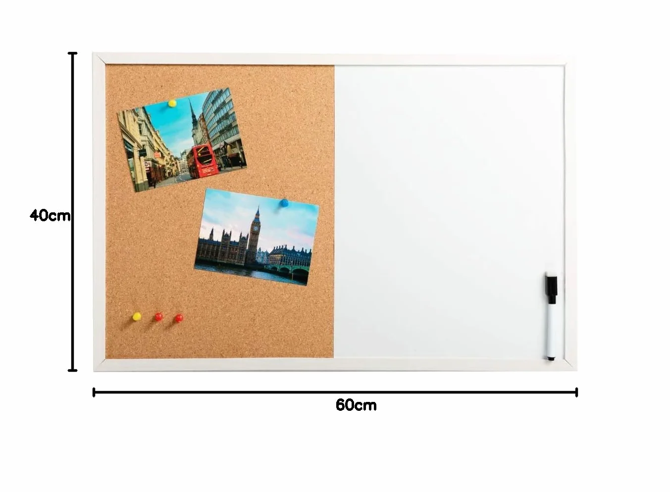 DOEWORKS 60 x 40 cm tablica magnetyczna i tablica korkowa, montowana na ścianie tablica ogłoszeń suchościeralna/tablica korkowa połączenie z białą drewnianą ramą