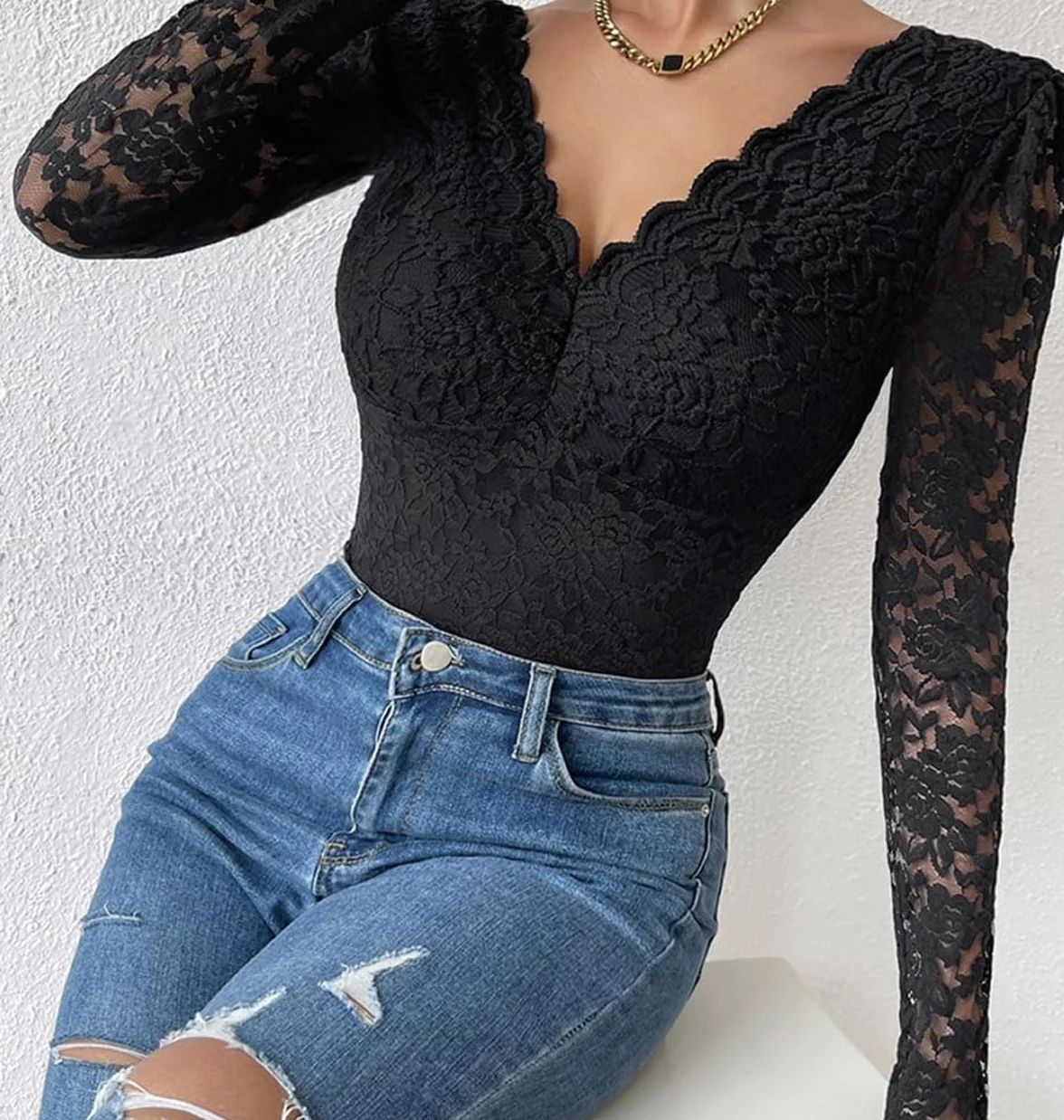 SHEKINI Damskie przezroczyste koronkowe body z długim rękawem body damskie eleganckie body damskie koronkowe z zapiekanym brzegiem dekolt w serek bielizna modelująca seksowna bielizna