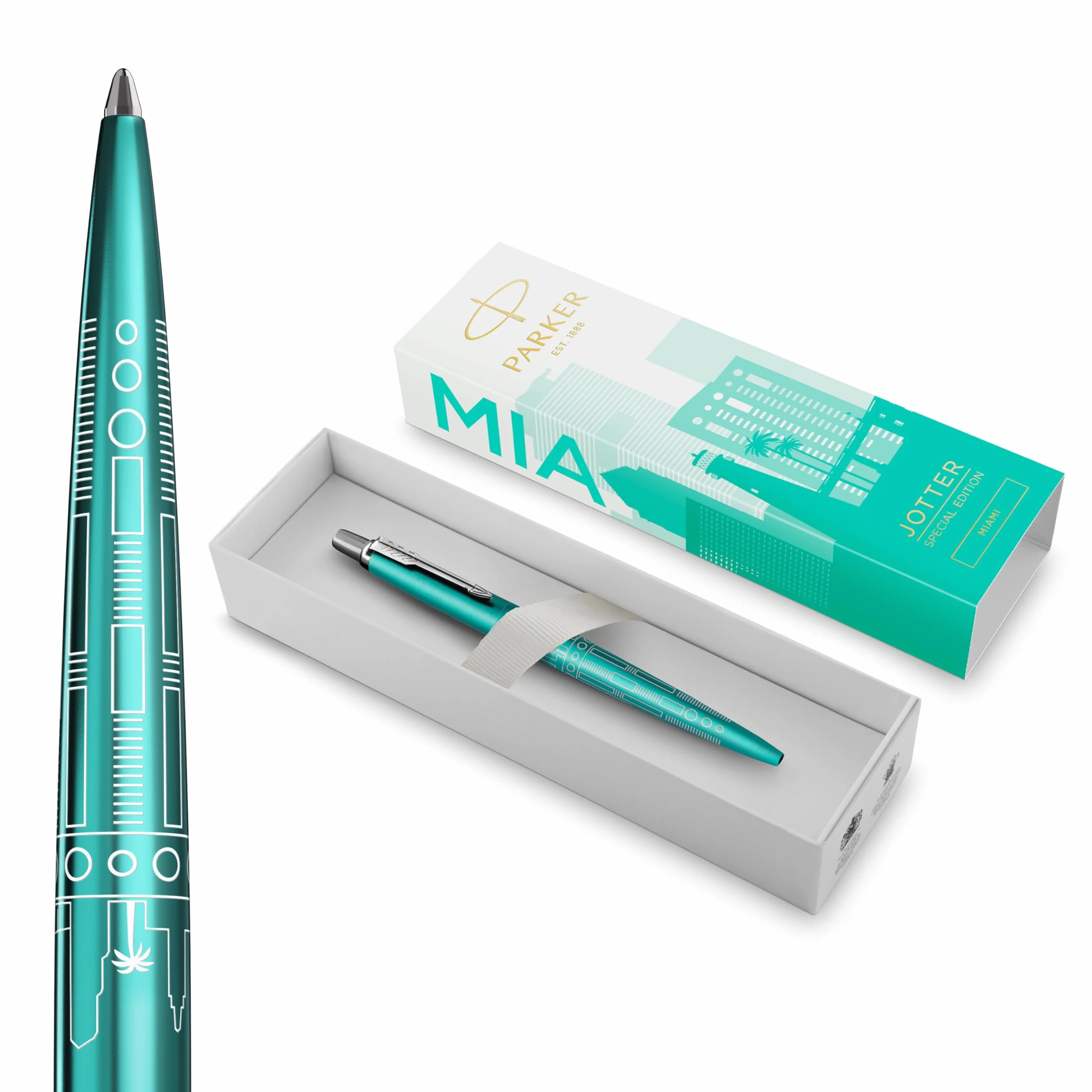 Długopis Parker Jotter | Edycja specjalna | Miami Turquoise z chromowanymi zdobieniami | Końcówka medium | Niebieski tusz | Opakowanie prezentowe