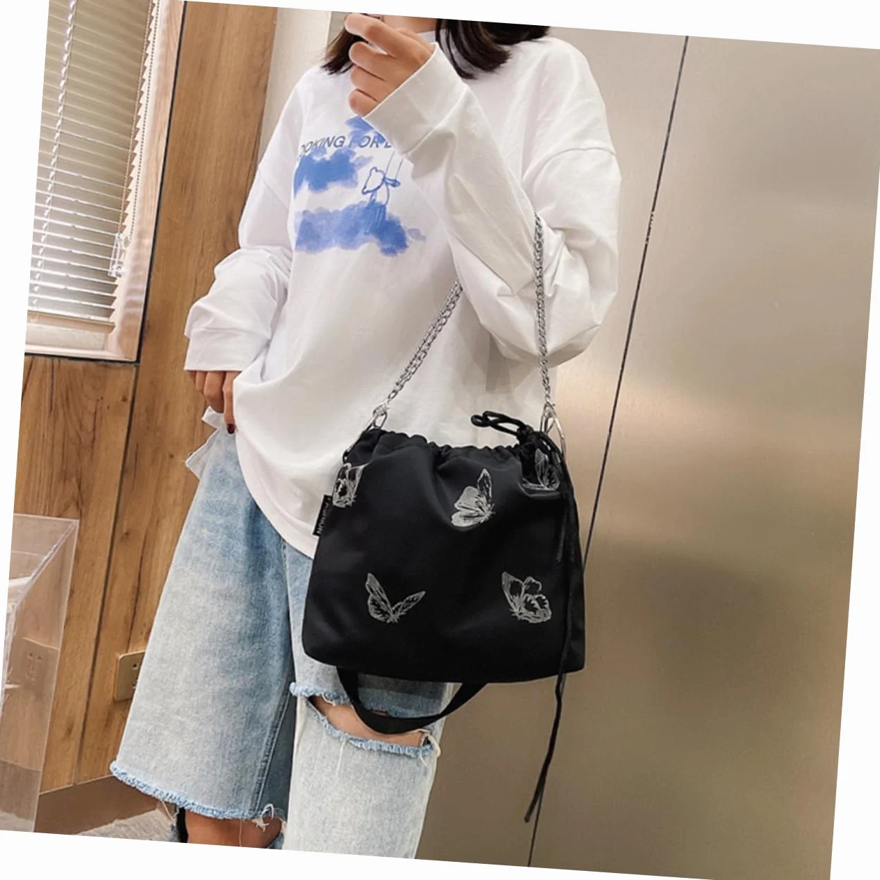 CHILDWEET Ukoś Torba Damska Ze Sznurkiem Motyl - Torebka Ramię Moda Kobieta Cross-Body Mini Delikatna Biała