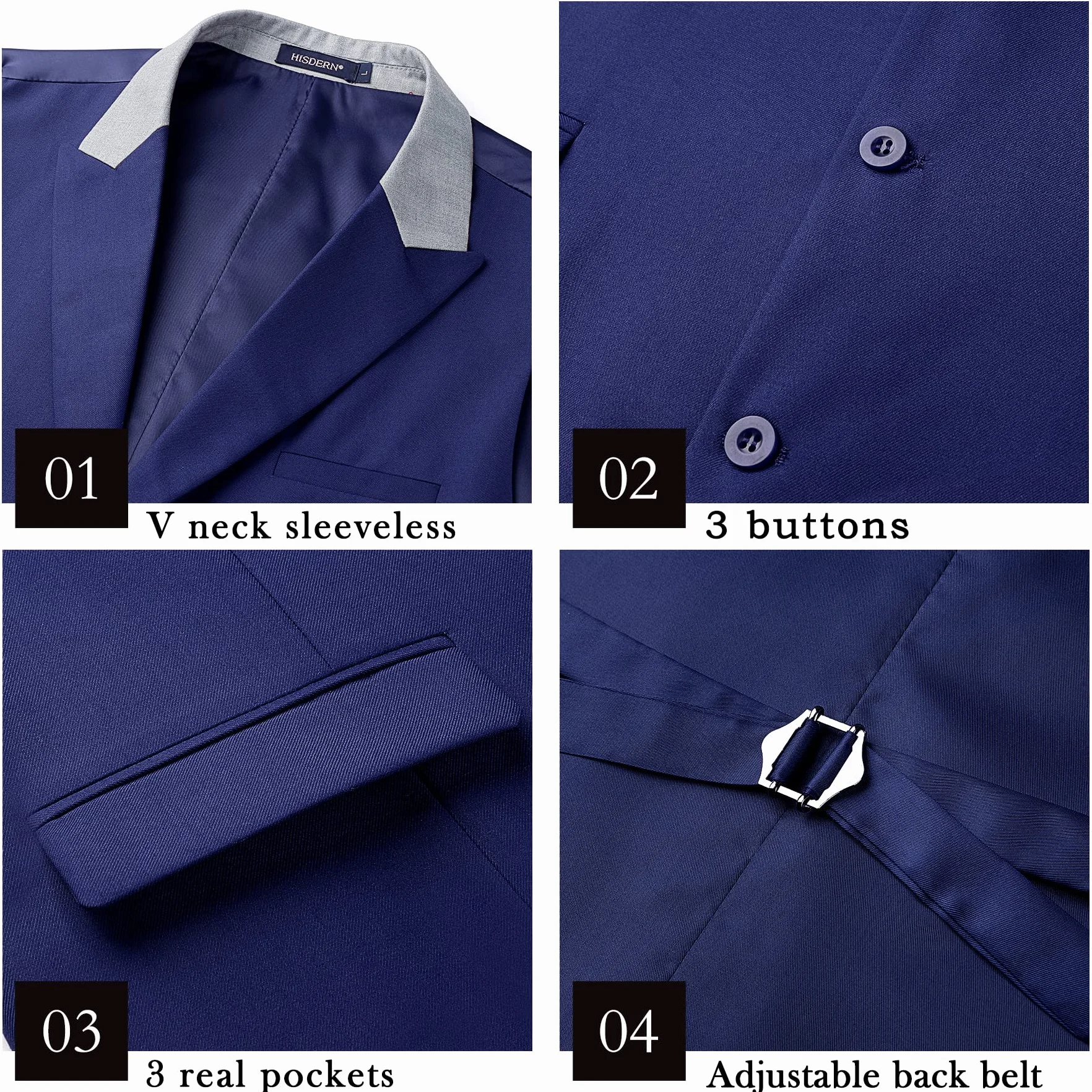 HISDERN Męska kamizelka bez rękawów, klasyczna kamizelka z formalnym klapą z 3 kieszeniami na Boże Narodzenie ślub, XS-4XL