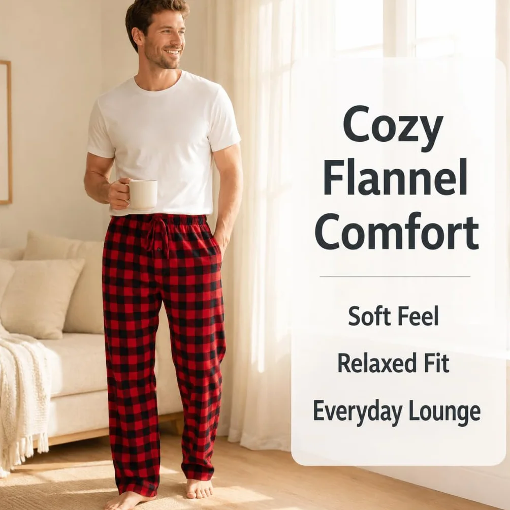 Męskie 100% Bawełniane Flanelowane Komfortowe Spodnie Piżamowe/Na Dom z Kieszeniami - W Karo, Luźny Kroj, Talia ze Sznurkiem, Rozmiary S-XL, Długość Wnętrza 30/31, L