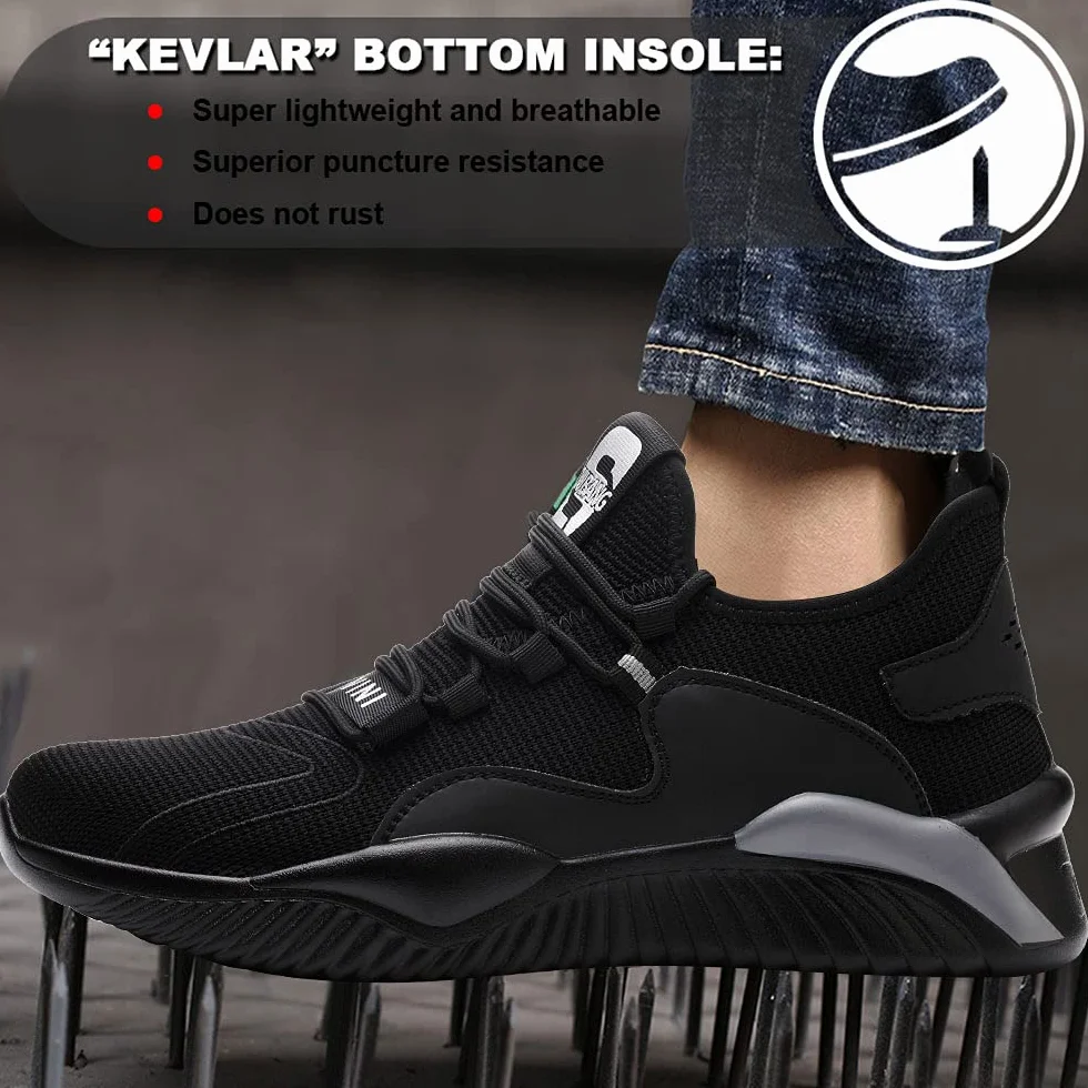 Buty ochronne, dla kobiet i mężczyzn, buty robocze ze stalowym noskiem, lekkie, bezpieczne, sportowe, oddychające, stylowe sneakersy, również do trekkingu, czarny i szary, 43 EU