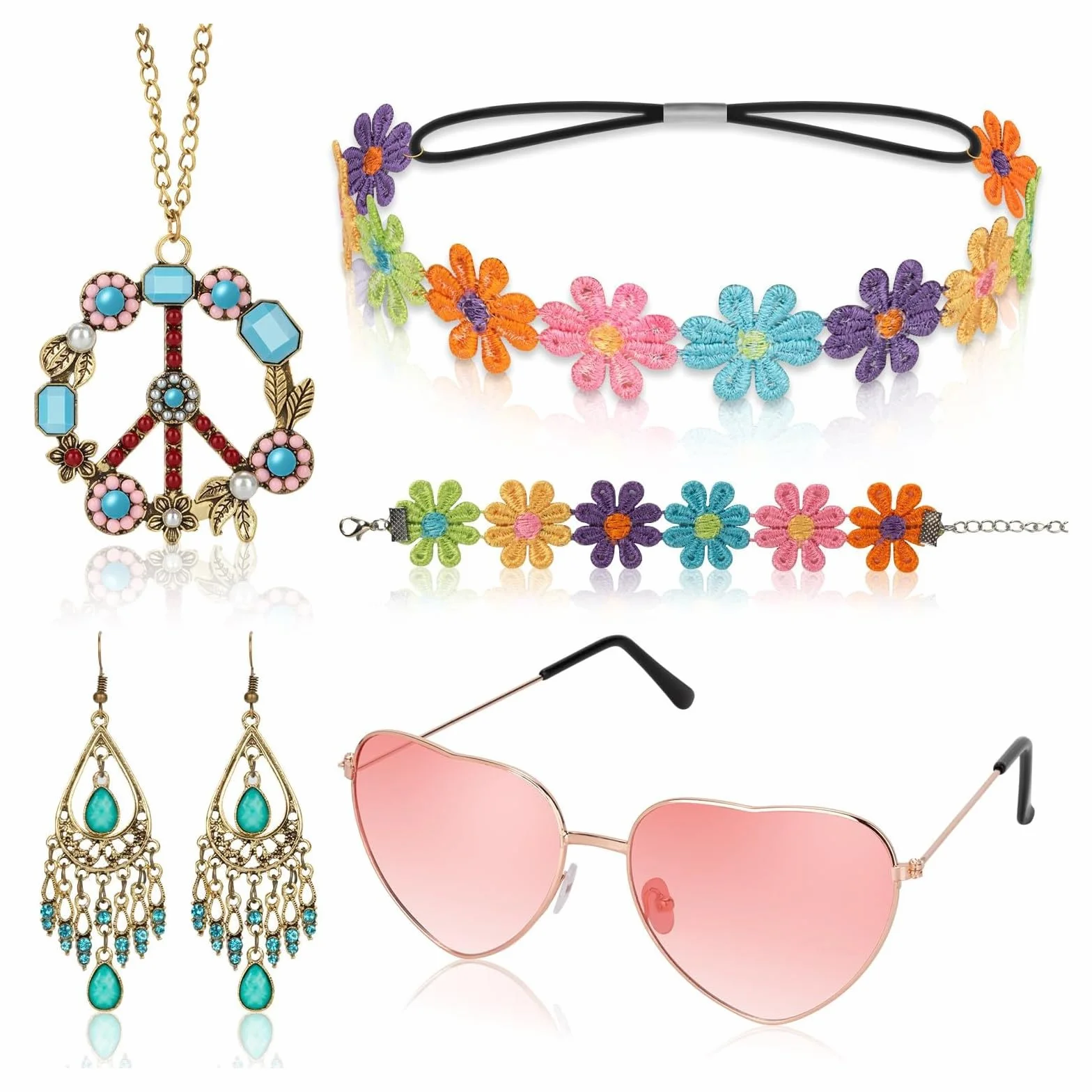 5 sztuk akcesoria hippy kobiety, boho 70 akcesoria dla kobiet dziewcząt z okularami przeciwsłonecznymi różowa stokrotka stokrotka kolczyki naszyjnik hippie bransoletka retro 60s i 70s zestaw mody