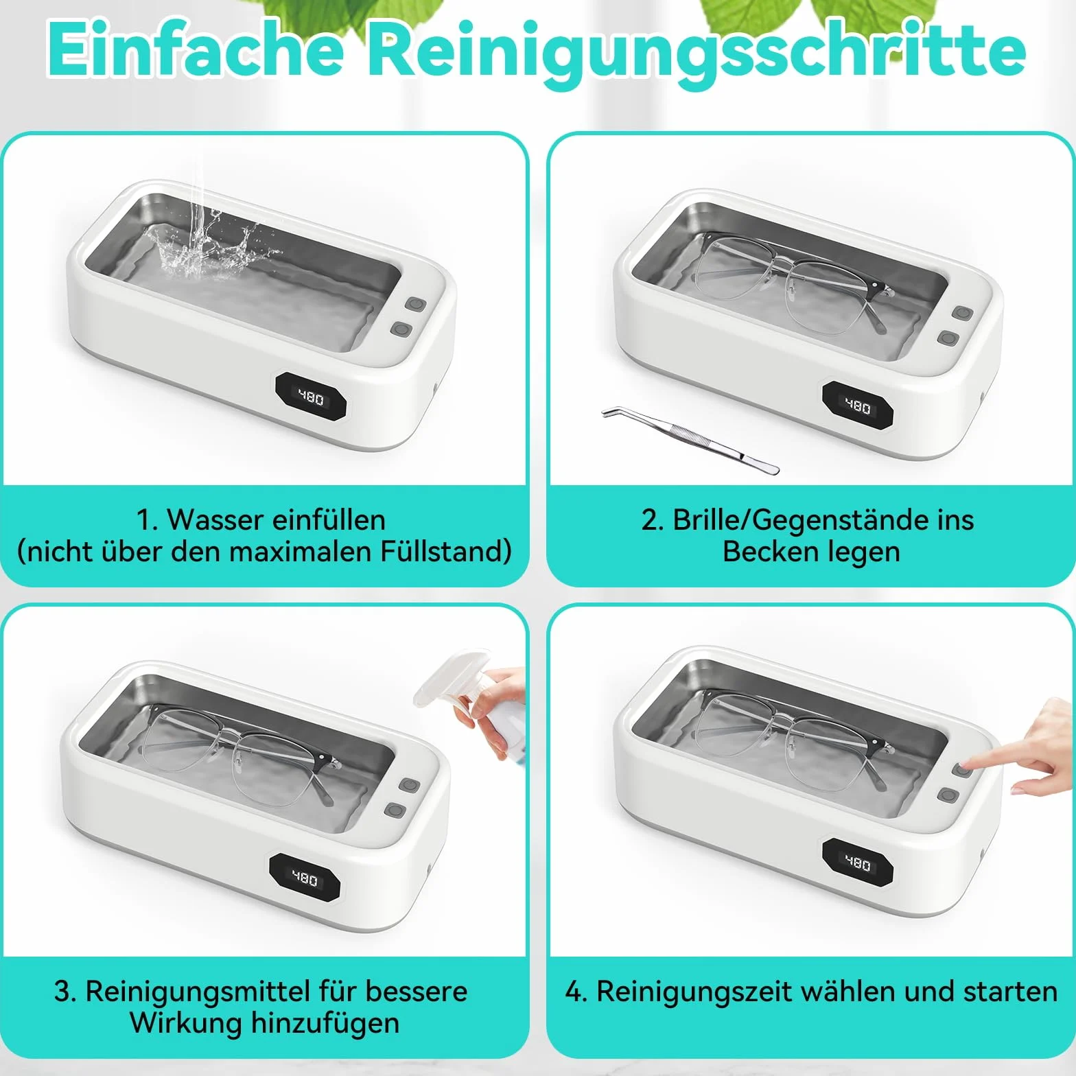 Ultradźwiękowe urządzenie czyszczące 640ml z 5 trybami, 49 000 Hz, 40W - do okularów, biżuterii, monet, protez zębowych (z pęsetą i ściereczką)​ (Biały)