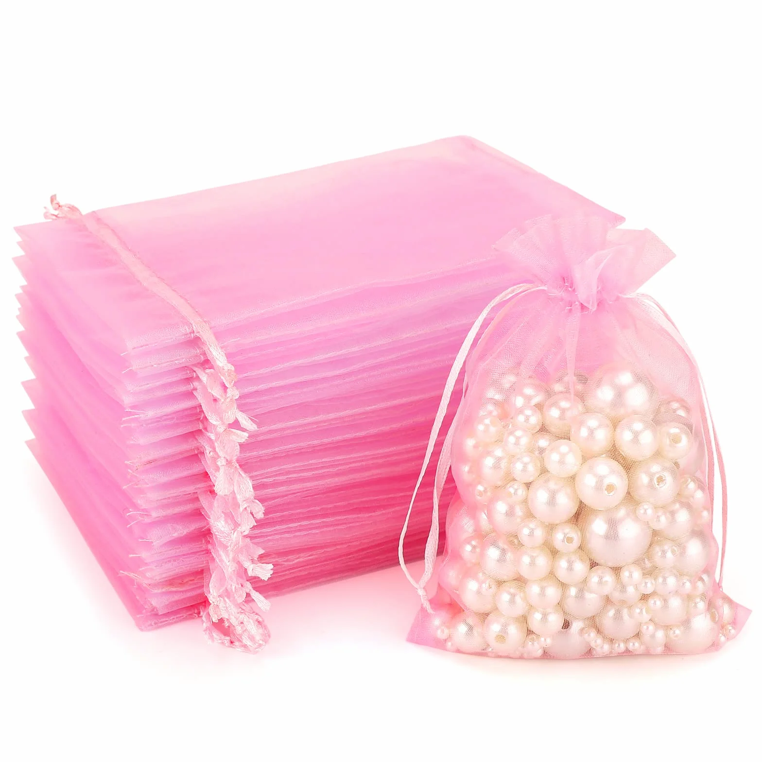 G2PLUS Różowe torebki z organzy, 10 x 15 cm, 50 sztuk, z organzy, ze sznurkiem, na ślub, cukierki, torebki na biżuterię, torebki prezentowe