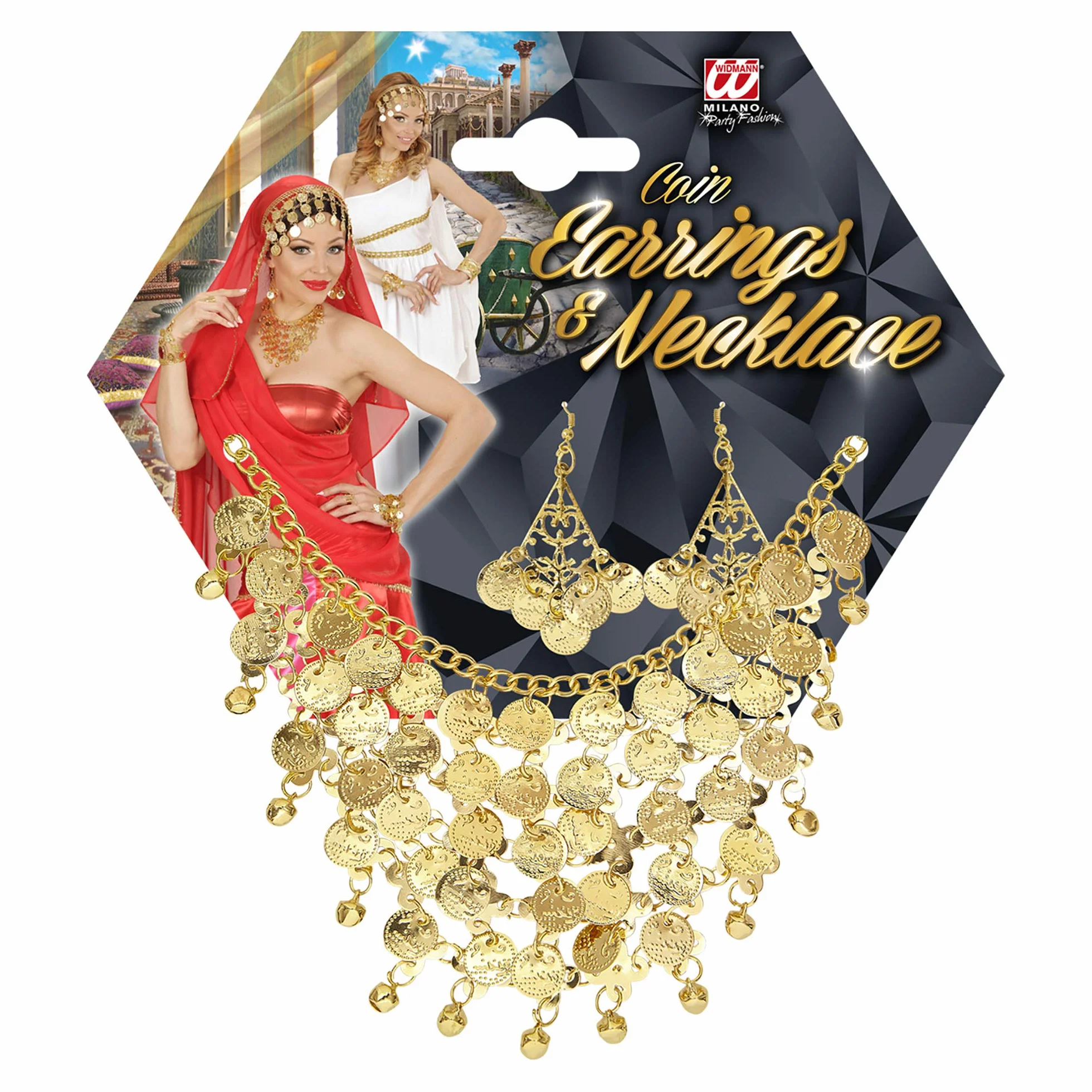W WIDMANN MILANO Party Fashion 24372 - kolczyki i łańcuszek ze złotymi monetami, złota, biżuteria, akcesoria, impreza tematyczna, karnawał