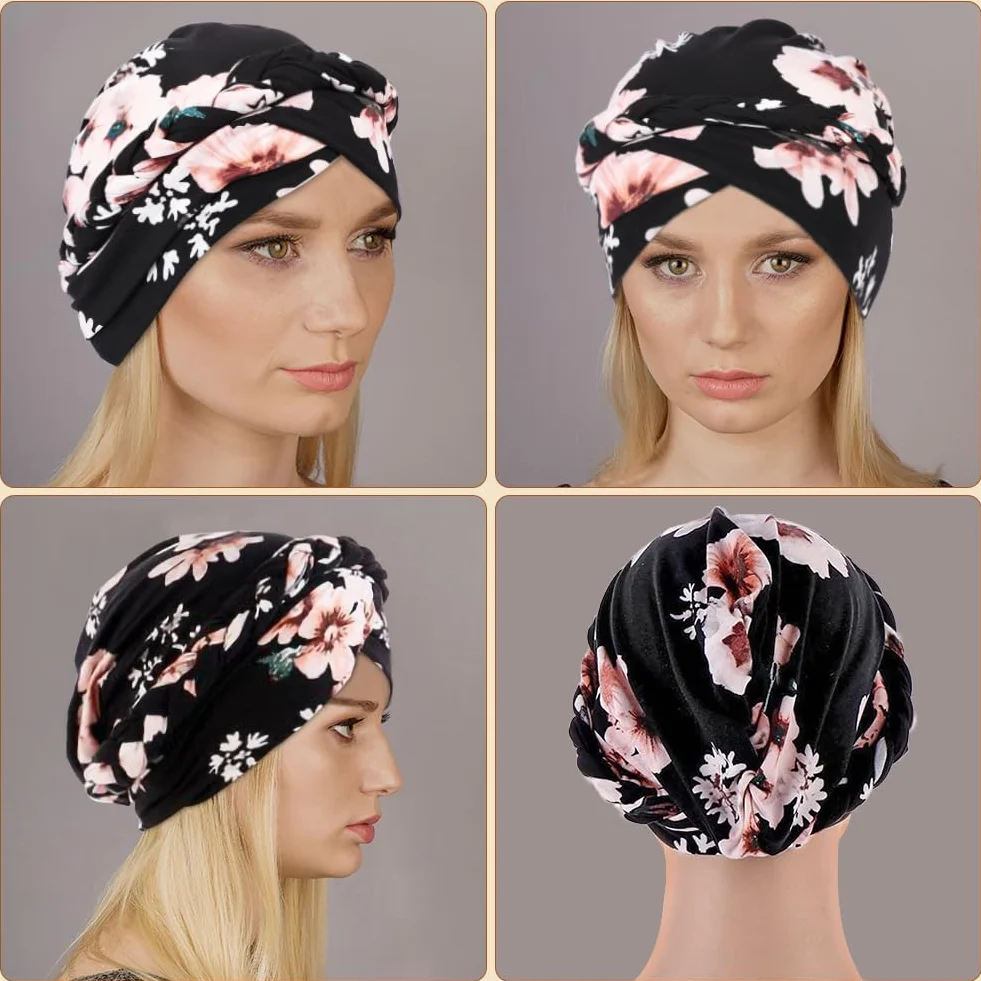 Damski turban wstępnie zawiązany skręcony warkocz, damskie nakrycia głowy na raka, czapka chemioterapeutyczna czapka na wypadanie włosów czarna, Czarny, rozmiar uniwersalny