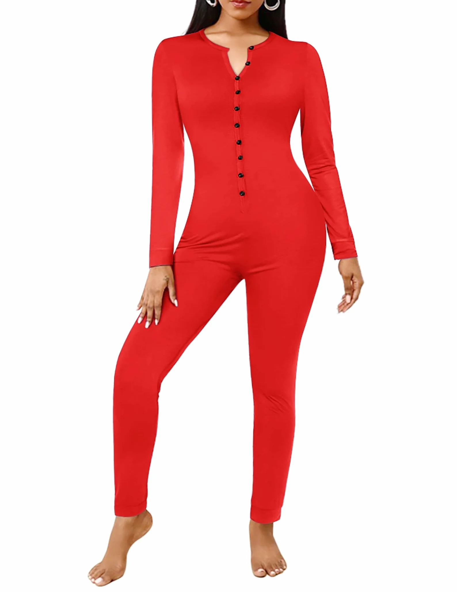 Ekouaer Damski kombinezon z guzikami z długim rękawem jednoczęściowa piżama jednoczęściowa długi śpioszki piżama body bodycon, czerwony, M, Czerwony, M