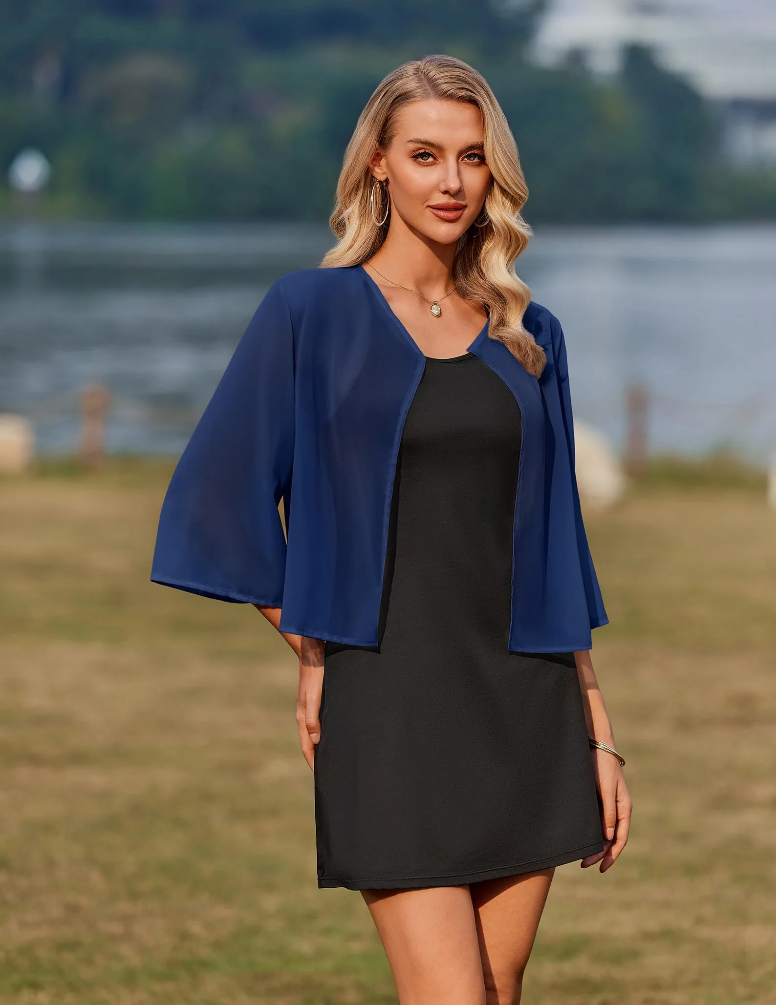 Hotouch Szyfonowe bolerko damskie, odświętne, rękawy 3/4, elegancka kurtka na ramię, przezroczysta, na lato, kardigan, lekka krótka kurtka bolerko do sukienki