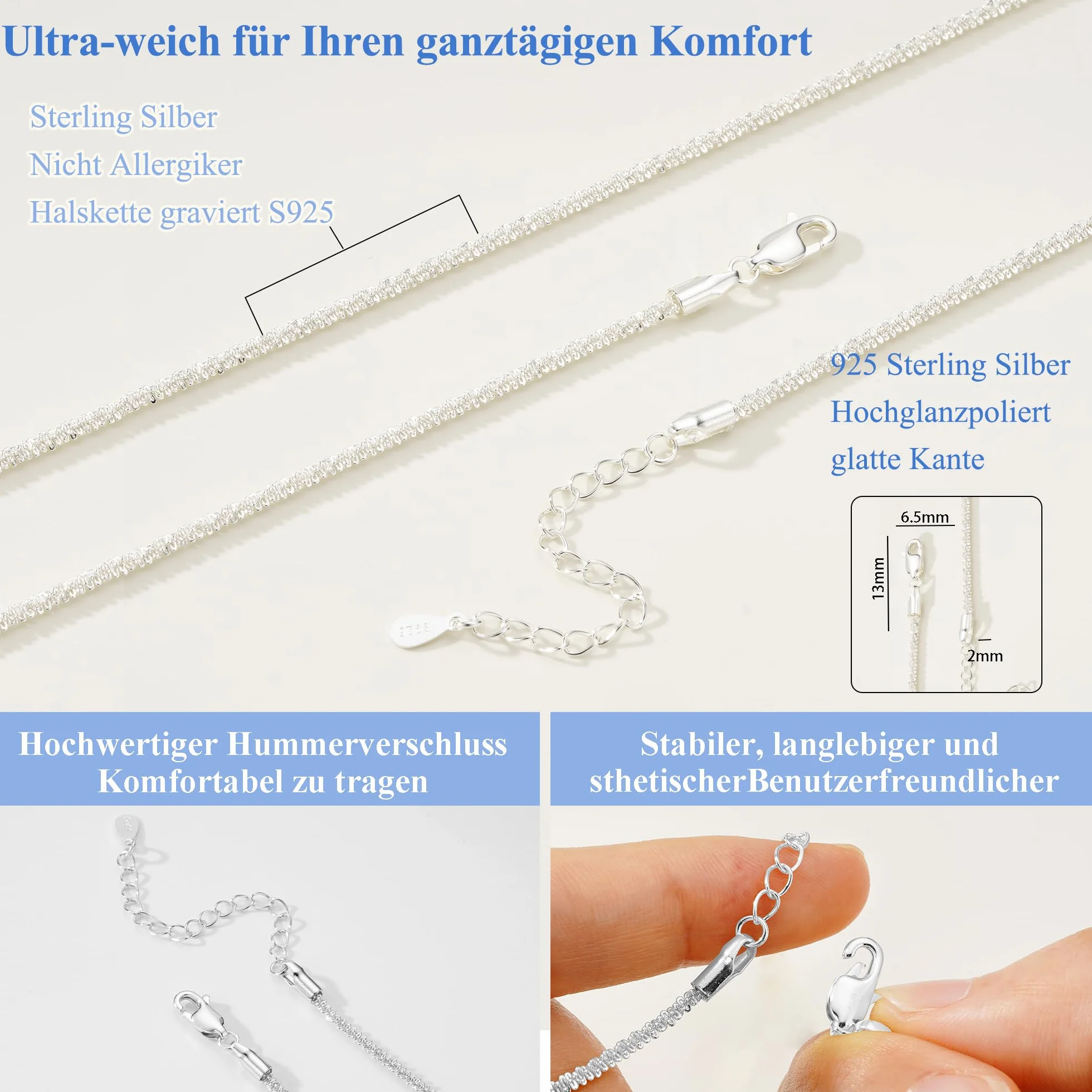 Avotto Srebro wysokiej próby S925 diamentowy łańcuszek dla kobiet 2 mm delikatny i hipoalergiczny srebrny łańcuszek naszyjniki dla kobiet 16 18 20 22 61 cali