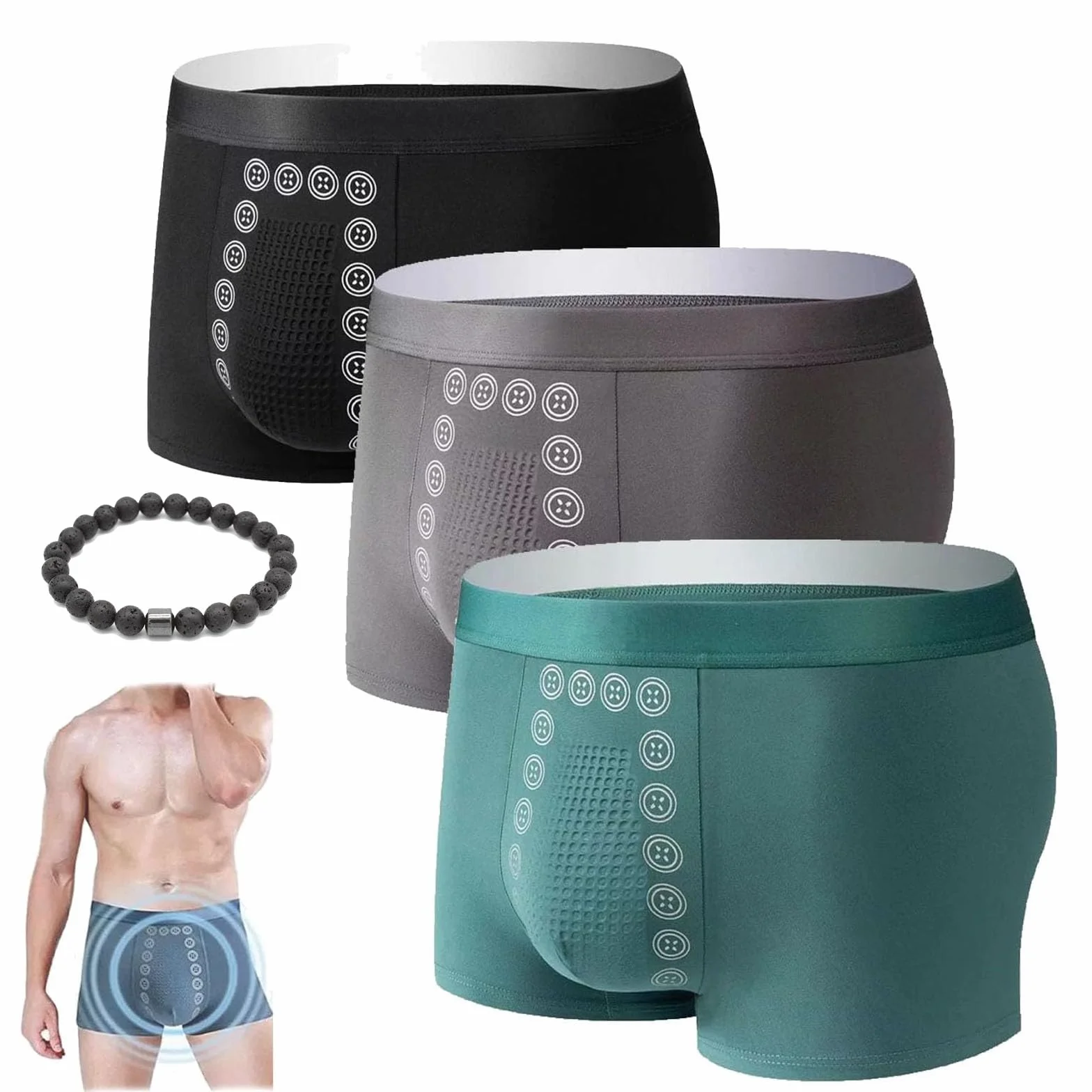 Męska bielizna do masażu terapii magnetycznej, miękkie oddychające męskie majtki bokserki przeciw otarciom bielizna majtki (3szt-04, 4XL (200LBS))