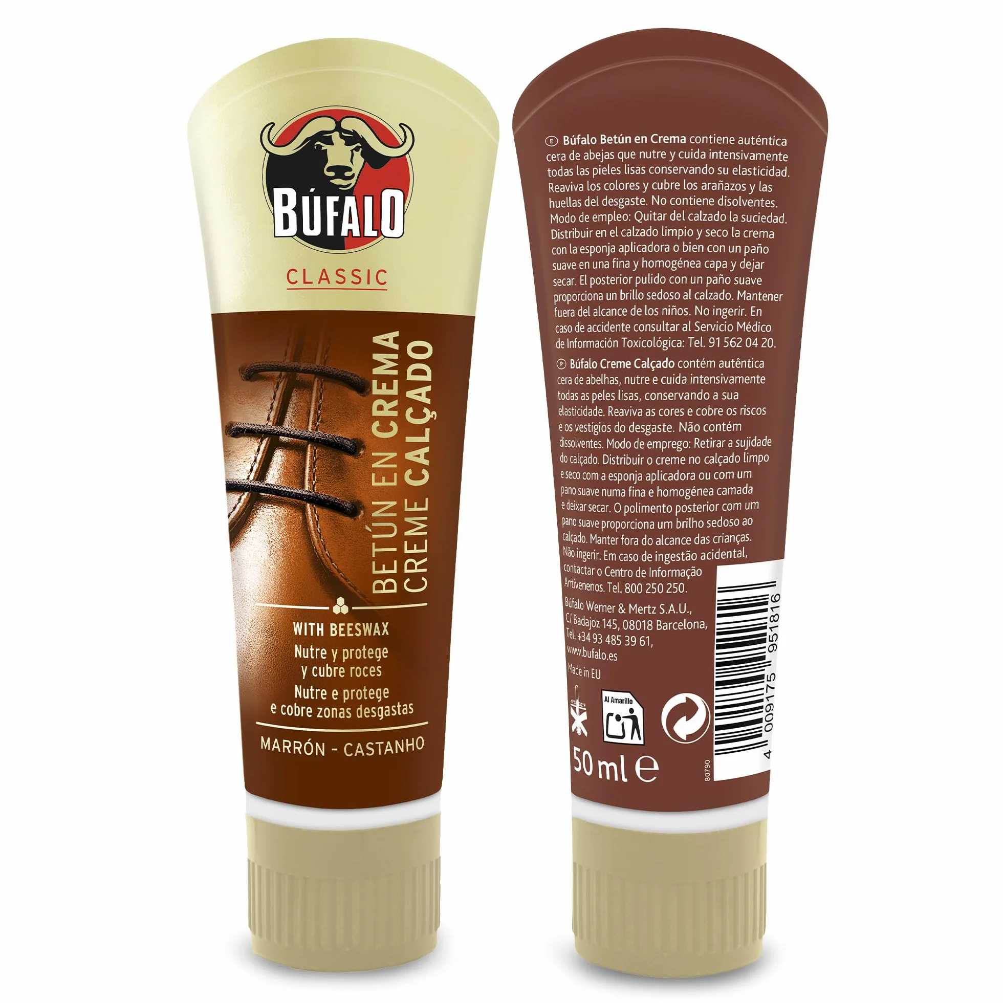 Buffalo Classic - Bitum w kremie do butów, pielęgnacja obuwia, kremowy kolor brązowy, który odżywia, chroni i daje połysk, optymalny dla gładkiej skóry - 50 ml tuba