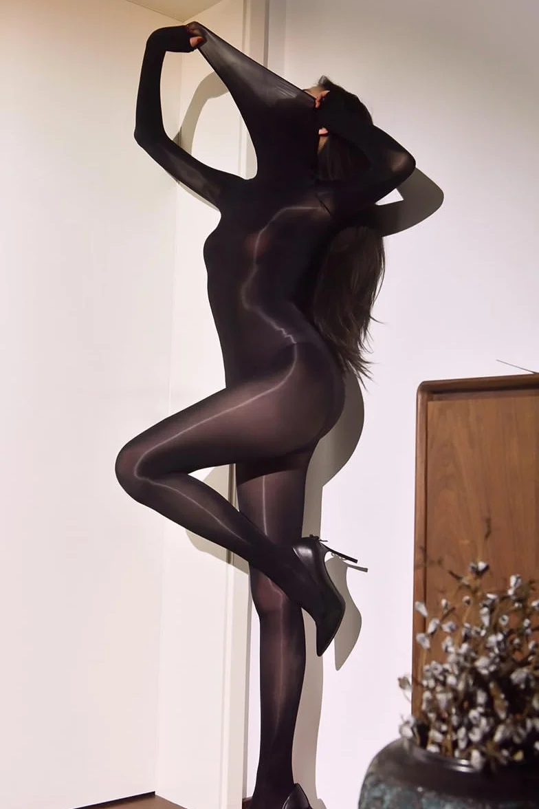 RUIBAVYA Bodystockings damskie błyszczące body damskie rajstopy na całe ciało, seksowny wysoki kołnierz, nylon