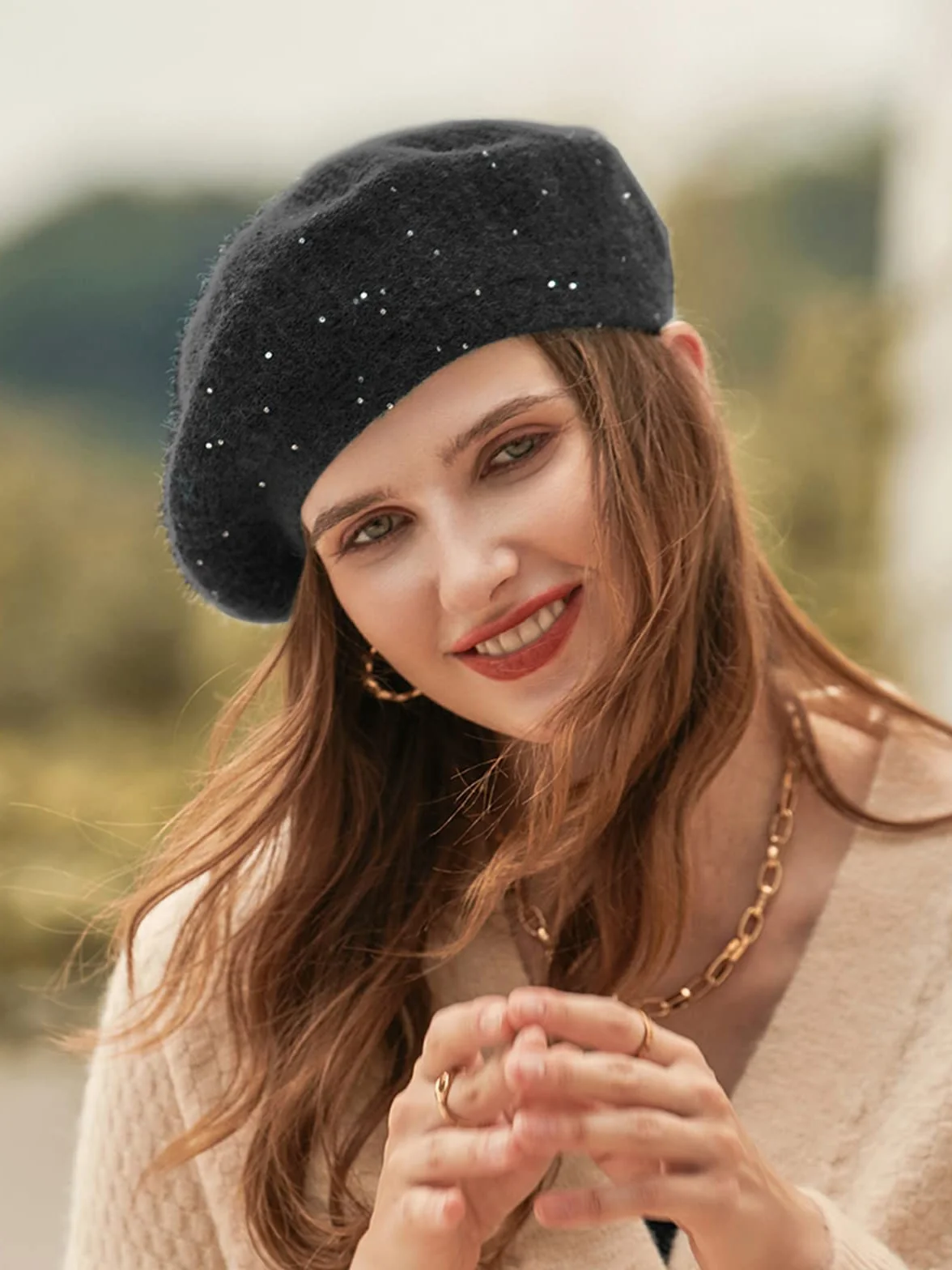 Beret czapka dla kobiet, francuski styl czapka zimowa moda ciepła wełniana podszewka dzianinowa czapka