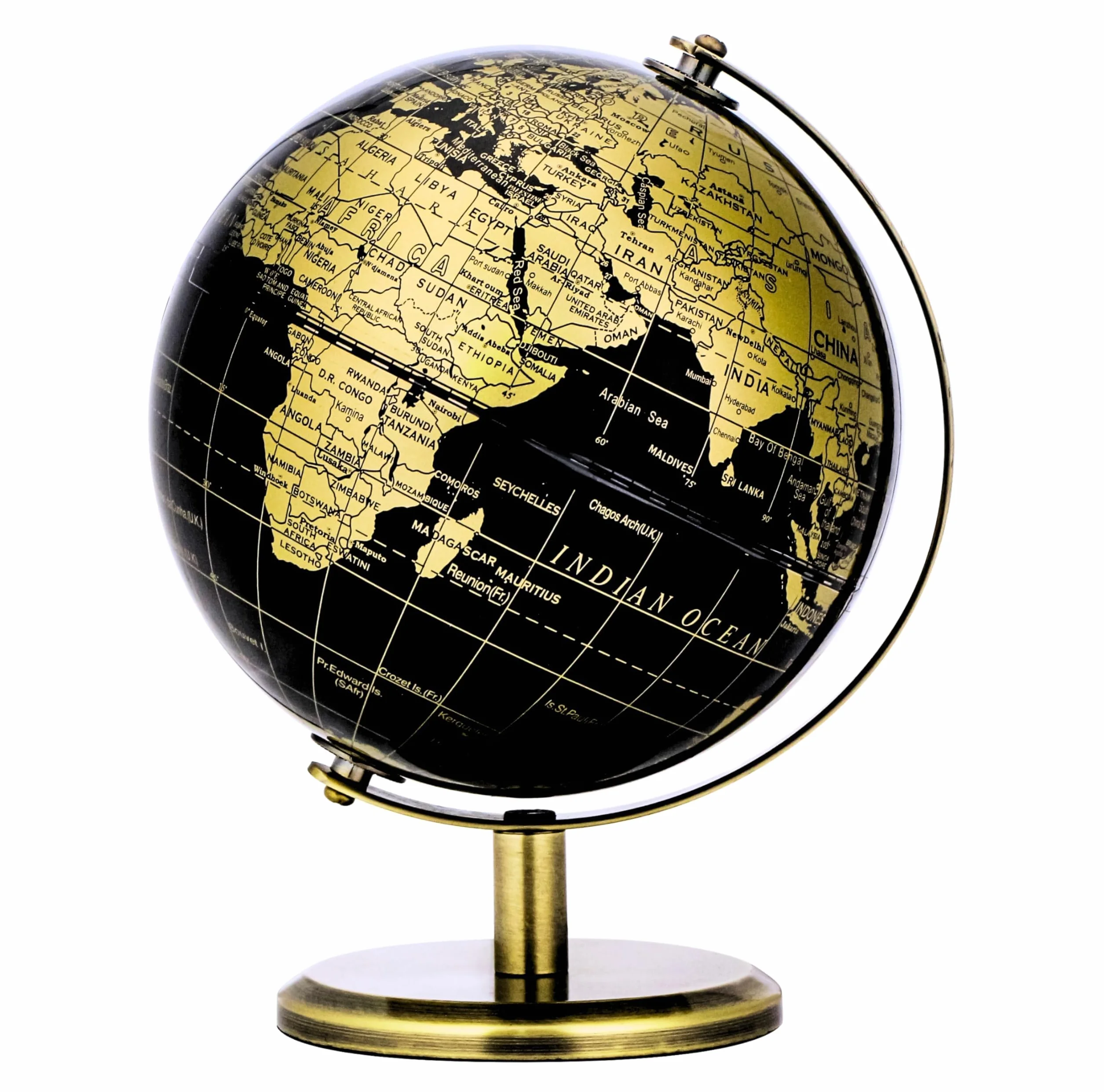 EXERZ 14cm Globus Czarny i Złoty, Mini qorld Globus Edukacyjny Geograficzny - Brązowy Łuk i Podstawa