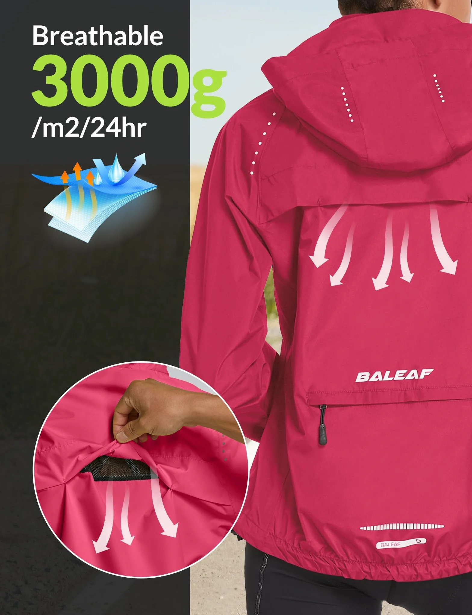 BALEAF Wodoodporne kurtki damskie kurtka rowerowa damska lekka outdoorowa płaszcze przeciwdeszczowe pakowalna bieganie wiatroszczelna chodzenie, 3-różowy, XXL