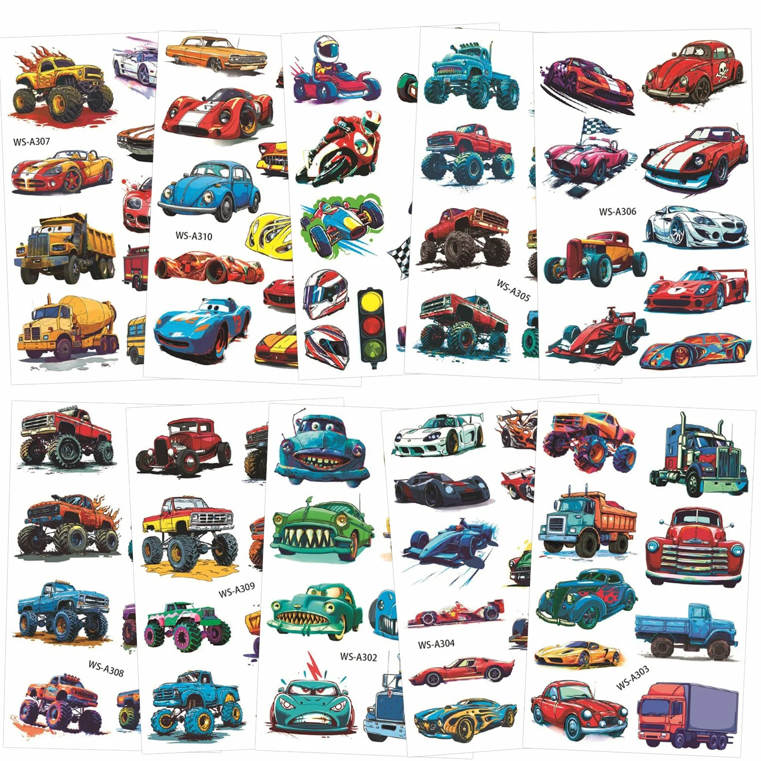 Qpout 90 sztuk tymczasowe tatuaże wyścigowe i monster trucki dla dzieci, koła fałszywe naklejki tatuażowe dla chłopców, wyścigowe przybory do urodzin, prezenty dla gości, dekoracje