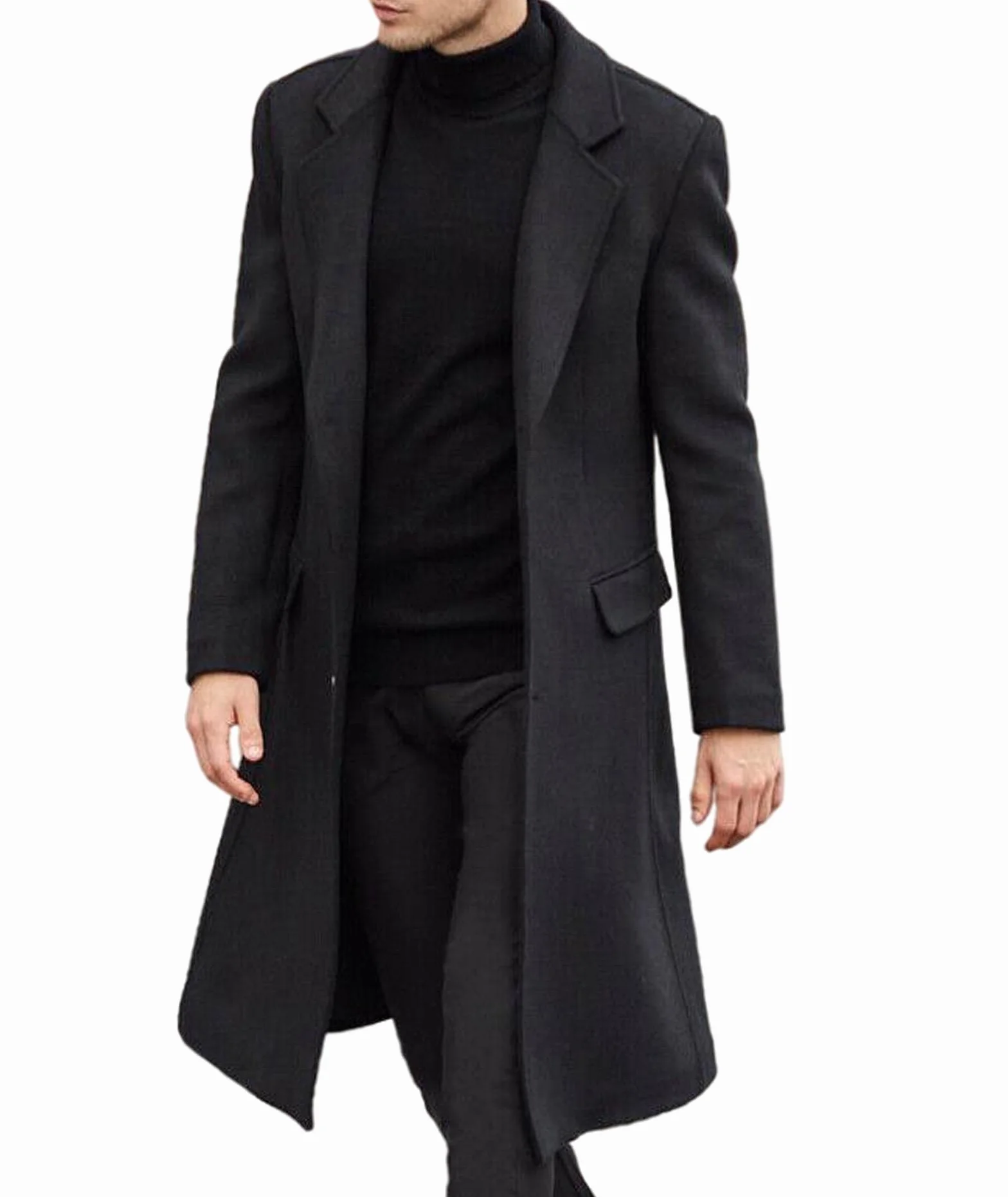 ECDAHICC Męski płaszcz wełniany, casualowy, slim fit, długa kurtka, kołnierz, trencz, jednorzędowy, płaszcz zimowy, ciepła odzież wierzchnia