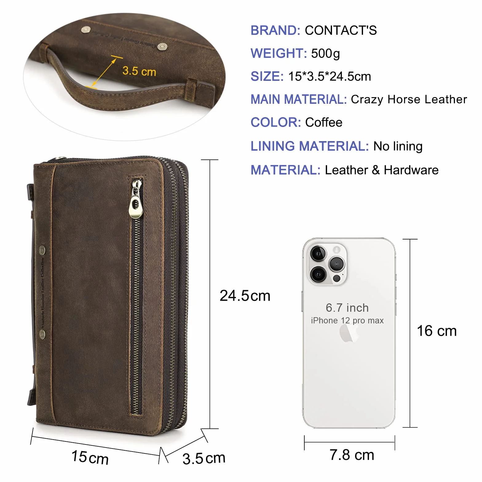 Contacts Męski skórzany zamek błyskawiczny karta Paszport Pocket Bill Wallet portfel etui na telefon komórkowy