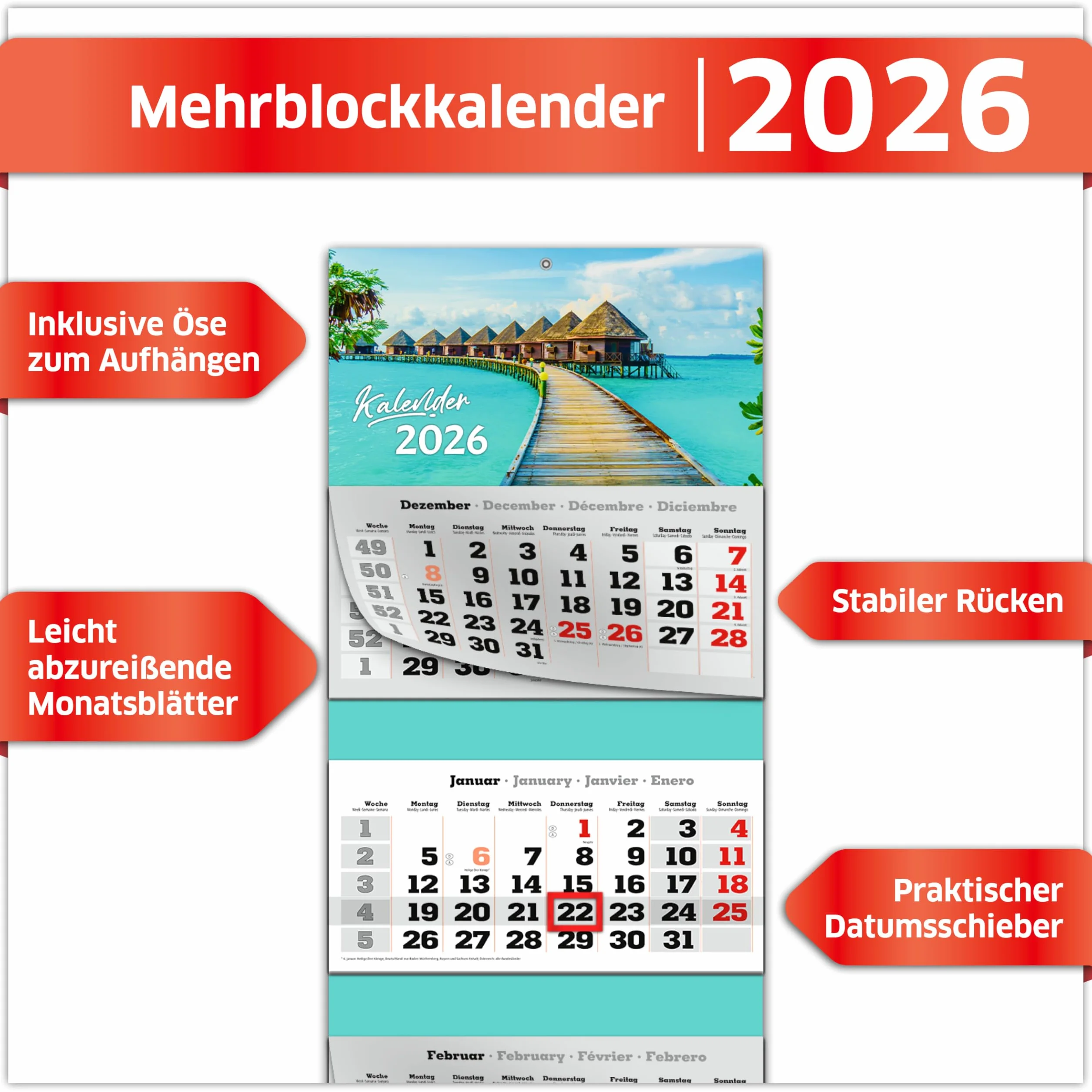 Primus Print XXL kalendarz na rok 2026 – kalendarz ścienny z wieloma blokami – kalendarz na 4 miesiące – z suwakiem daty, kalendarz do zawieszenia – łącznie z dniami świątecznymi i wakacjami – różne