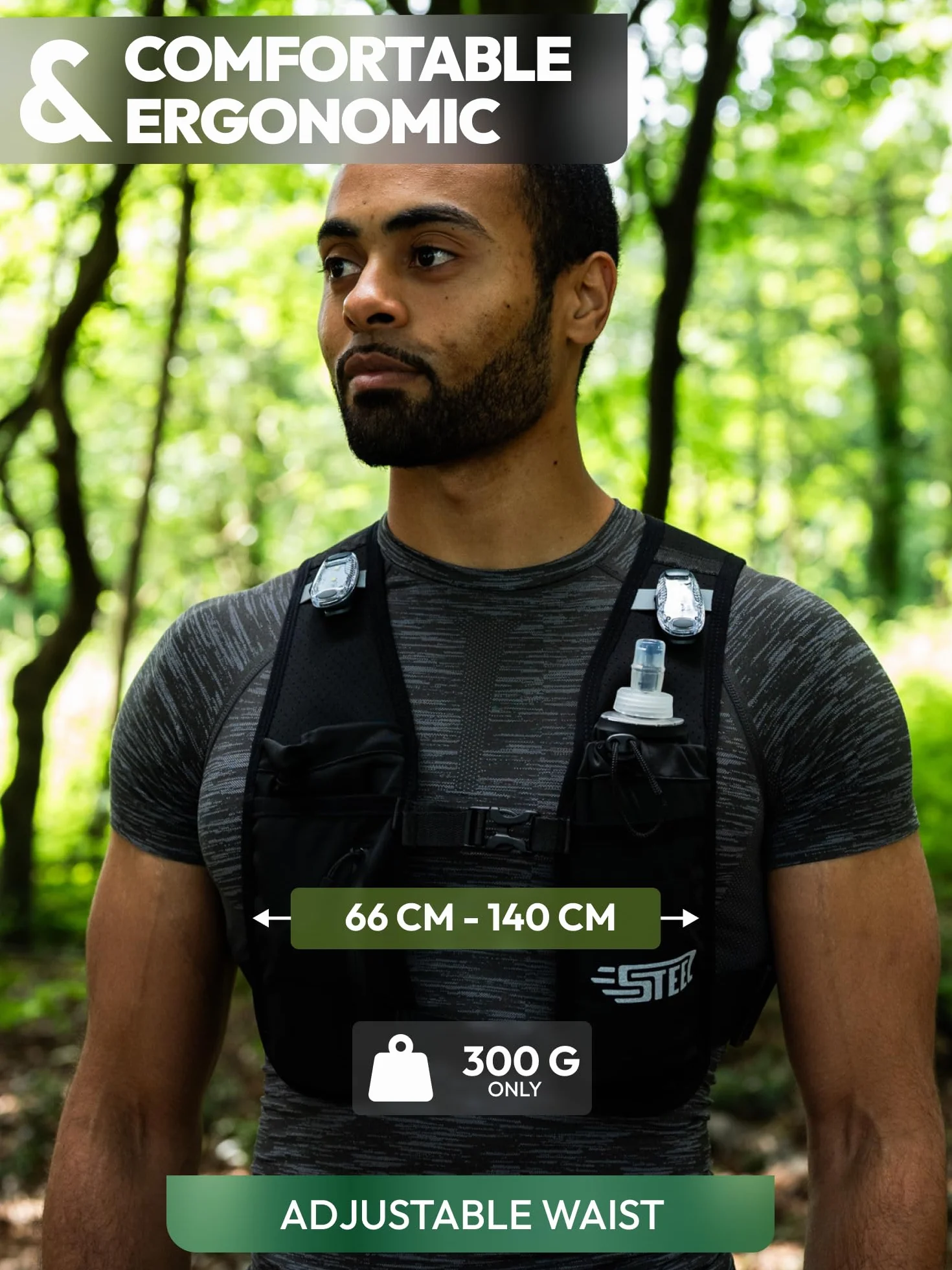 Odblaskowa kamizelka do biegania z 3 diodami LED, regulowana, lekka kamizelka, 500 ml, do wędrówek, biegania, maratonu, czarna