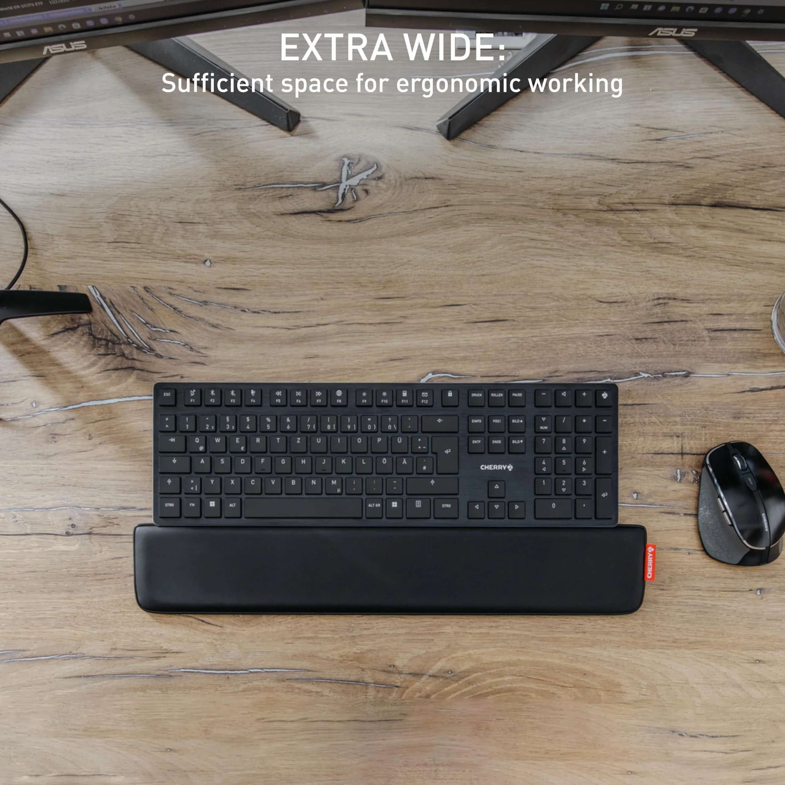 CHERRY PALMREST ERGO, ergonomiczna podpórka pod nadgarstki, kompatybilna z każdą klawiaturą, wysuwane nóżki, 3 różne kąty nachylenia, bardzo szeroka, czarny