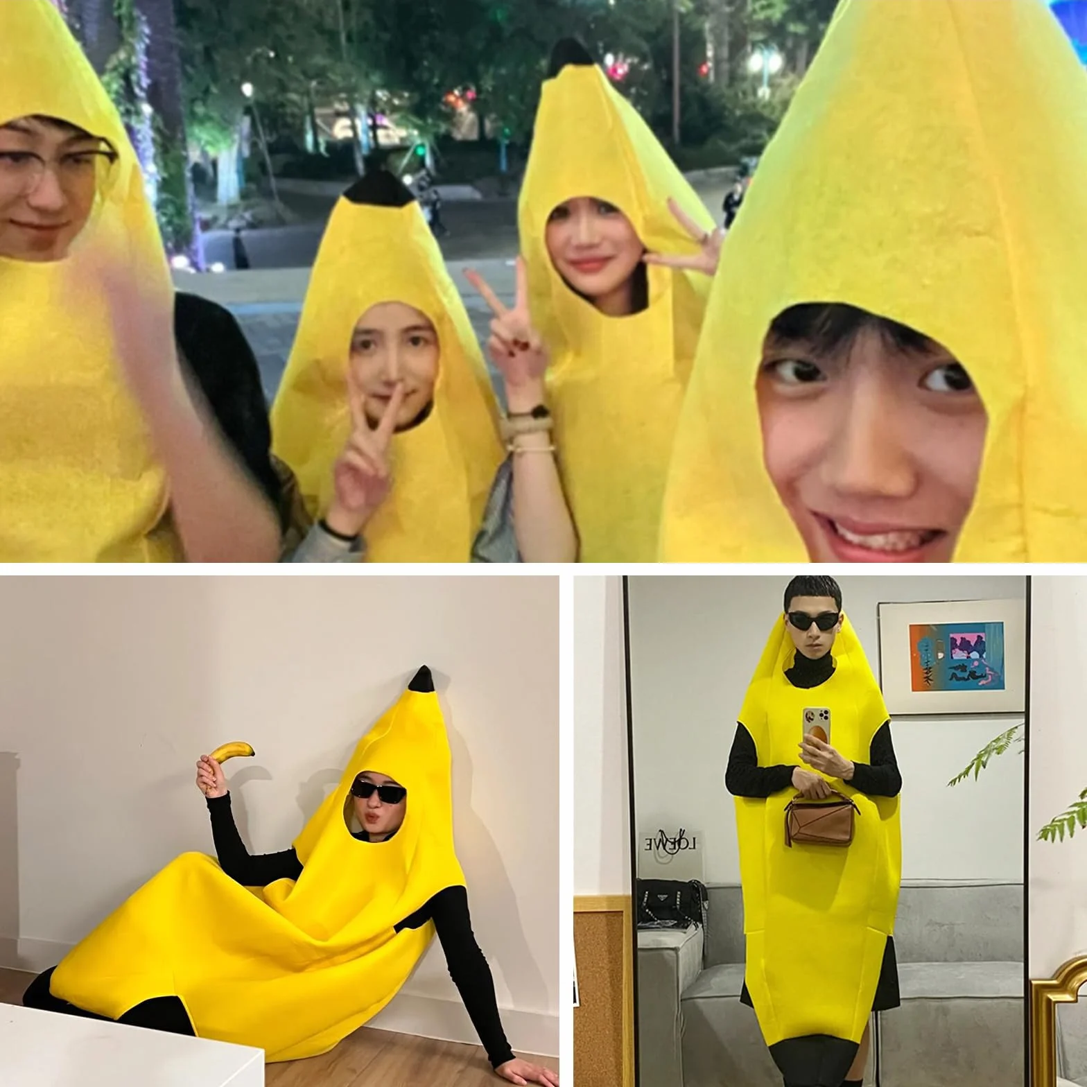 Kostium bananowy, lekki i wygodny kostium banana, zabawny kostium owocowy, rozmiar uniwersalny, łatwy do zakładania i zdejmowania, nadaje się na Halloween, karnawał, imprezę Cosplay
