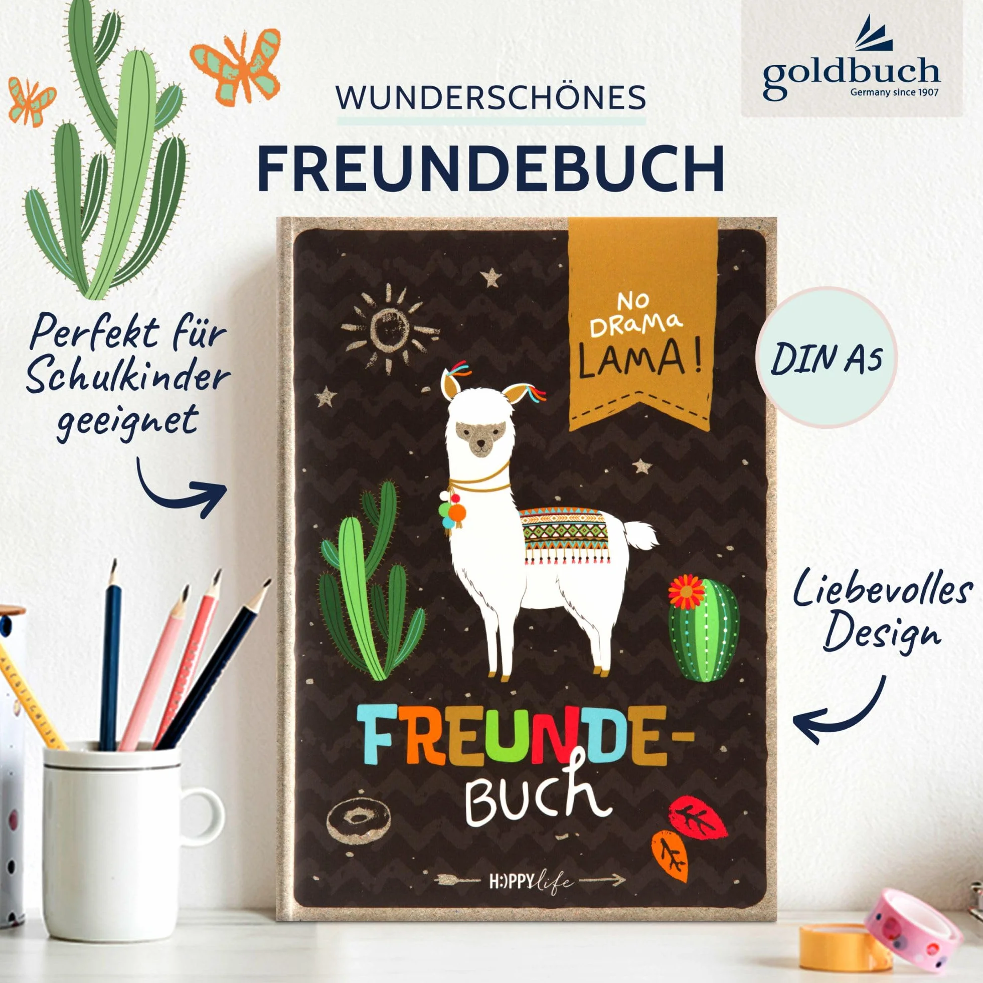 goldbuch 43581 Happylife Lama książka przyjaźni do wypełniania, notatnik dla przyjaciół, 88 ilustrowanych stron, okładka z drukiem artystycznym, ok. 15 x 21 x 1,5 cm
