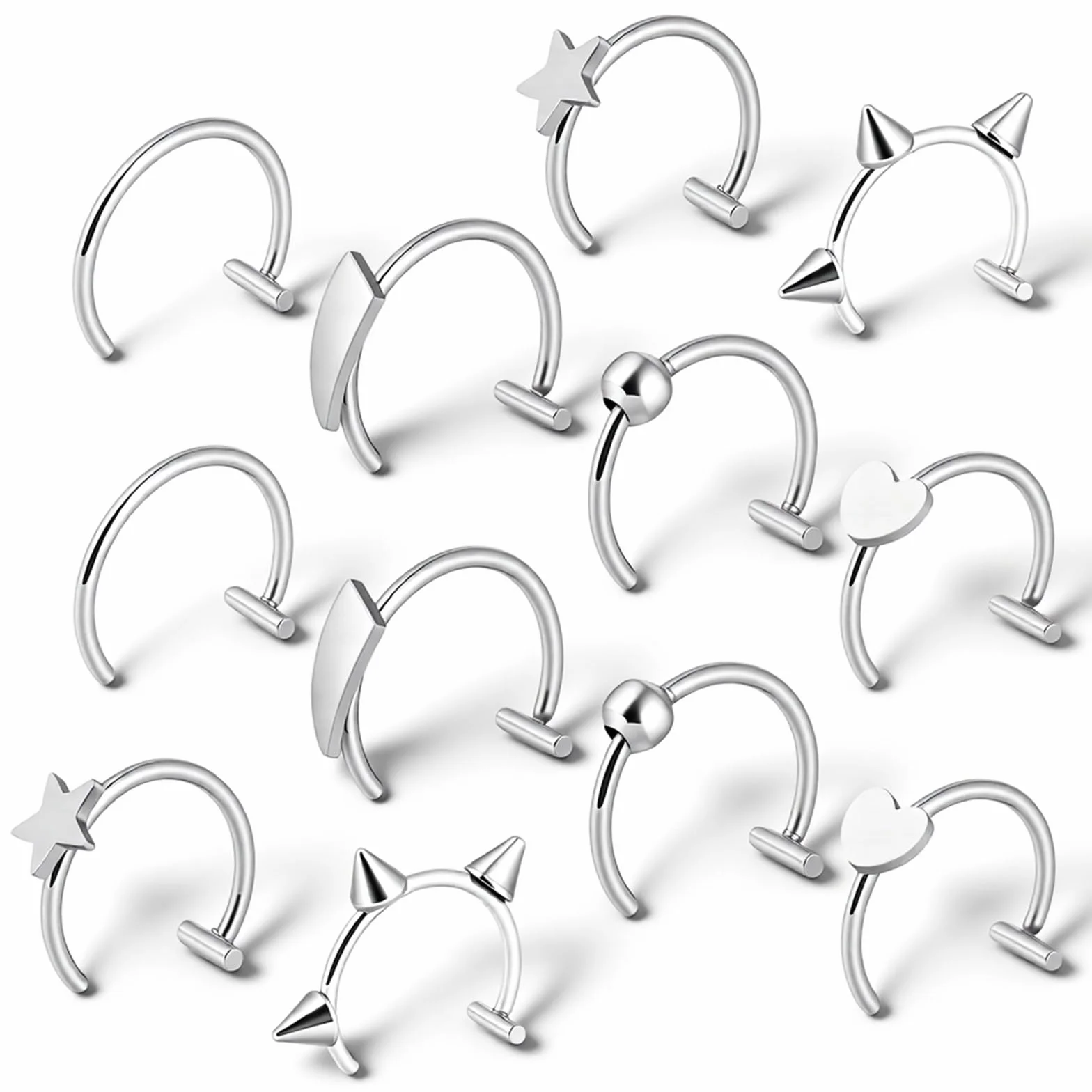12 sztuk fałszywego piercingu ze stali nierdzewnej, srebrne kolczyki do nosa, fałszywe piercingi, kolczyki do ust, biżuteria do piercingu, klips do pierścionka, do noszenia na przegrodzie