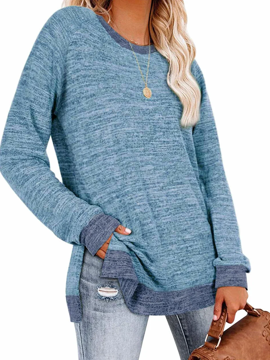 Cuptacc Sweter damski, okrągły dekolt, luźny sweter, elegancki, dopasowany kolor, długi rękaw