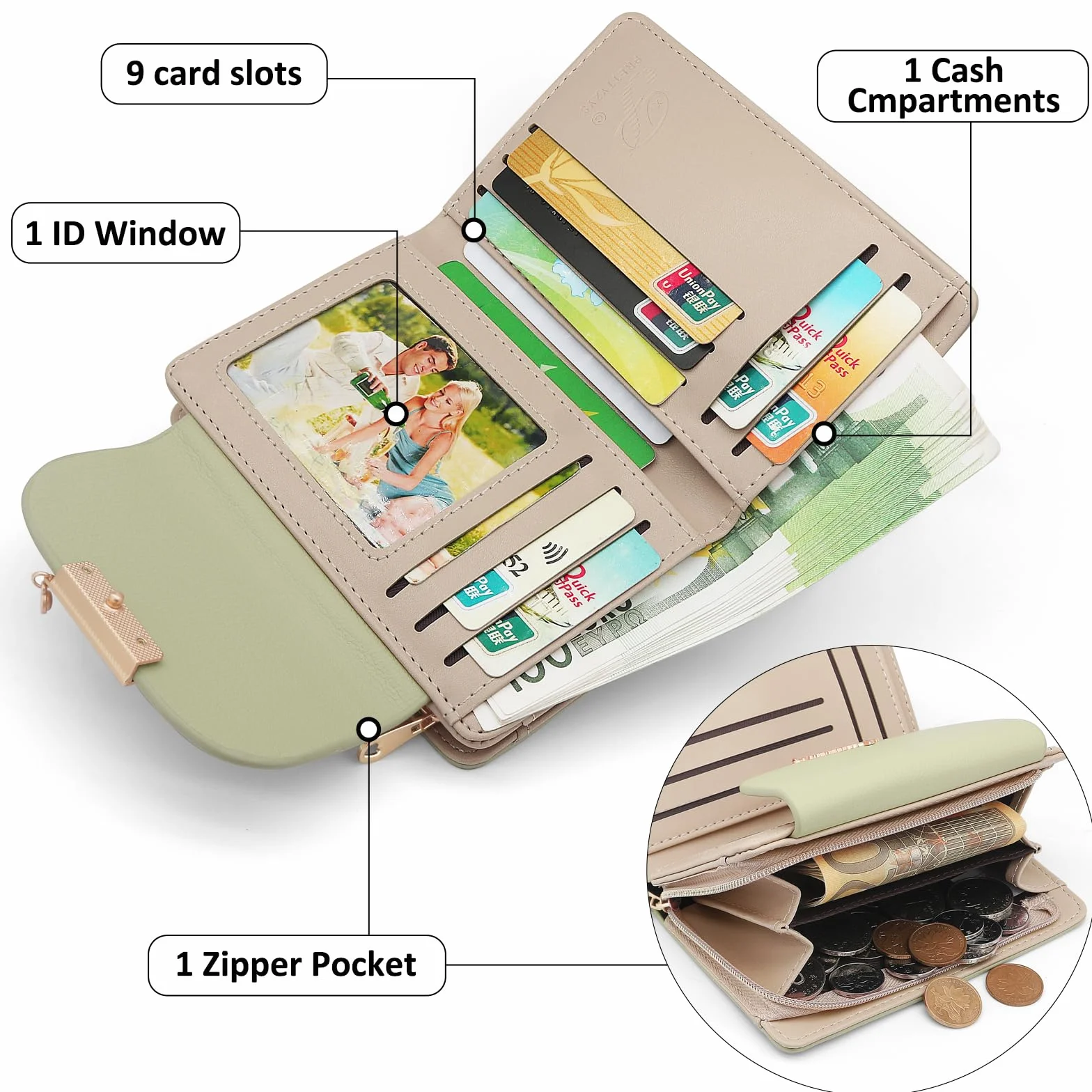 REETEE Mały damski portfel ze skóry PU, mały i w krótkim formacie, wiele przegródek, portfel z 10 przegródkami na karty i kieszenią na monety z zamkiem błyskawicznym, A-zielony, 13,5 x 9,5 x 3cm