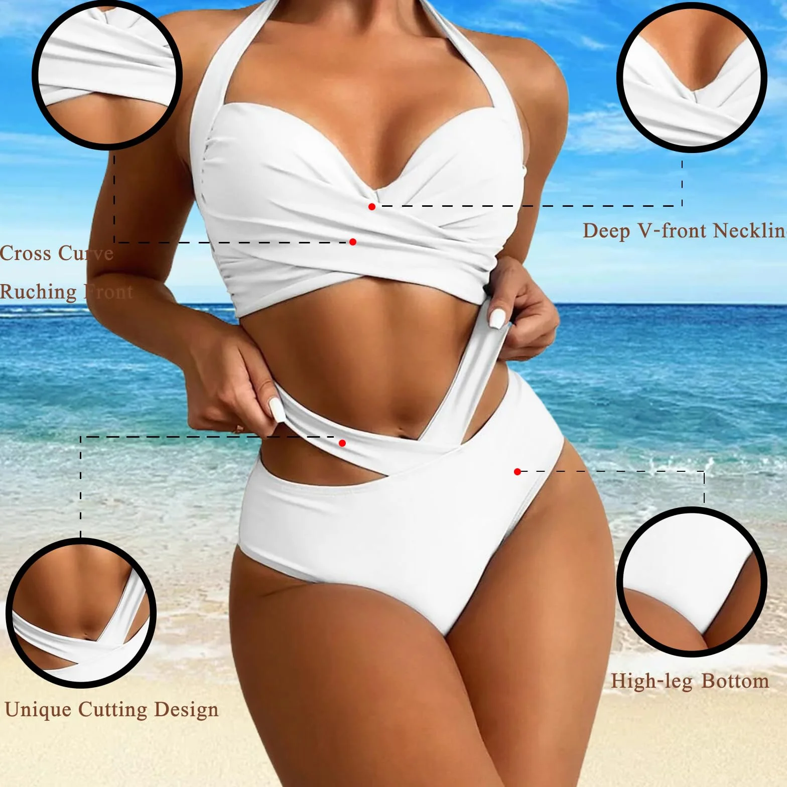 Stroje kąpielowe dla kobiet, wysoka talia, bikini damskie, zestaw bikini z wysokim stanem, 2 sztuki, jednokolorowe, głębokie wycięcie w serek, sportowe bikini