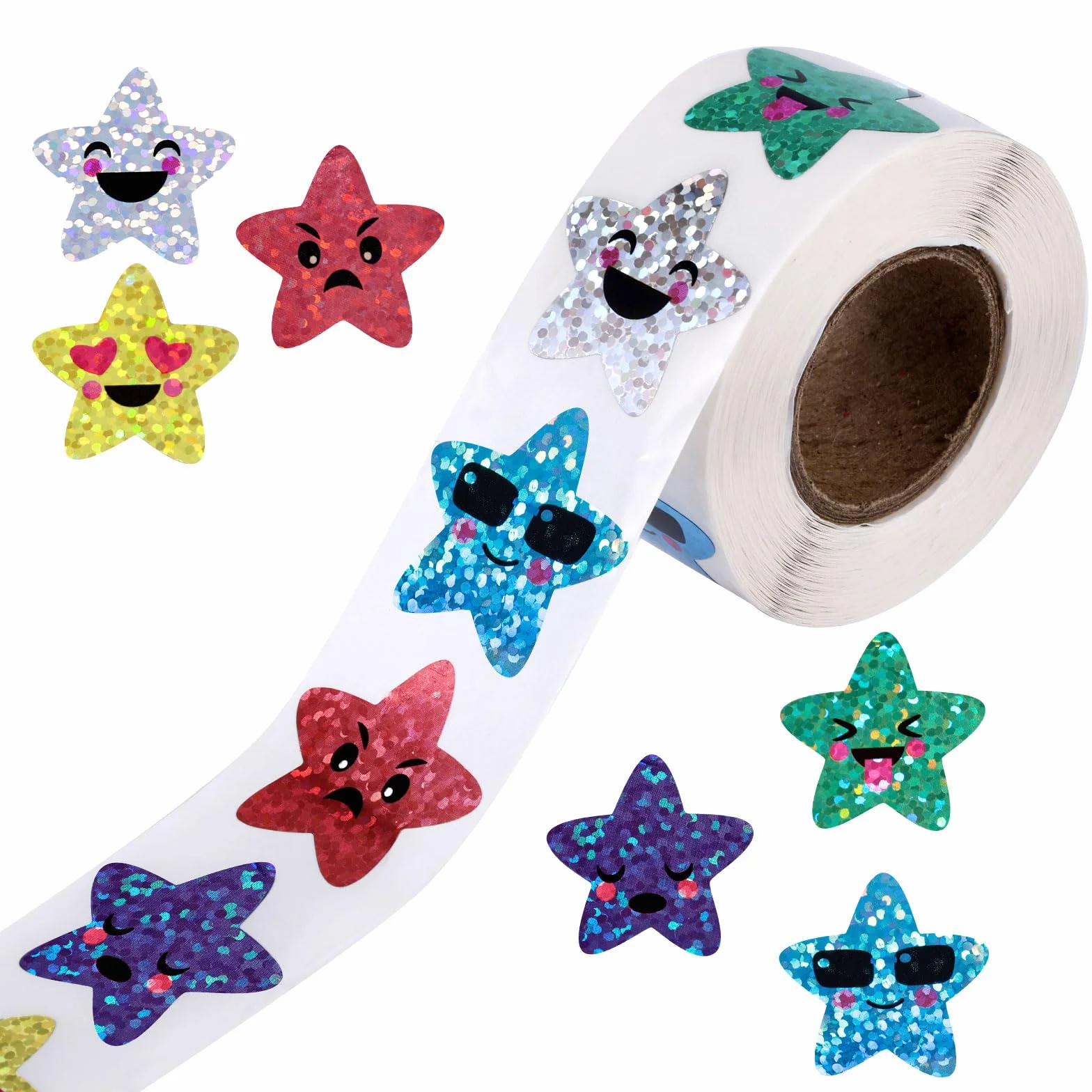 500szt Brokatowe Naklejki z Usmiechnietymi Gwiazdkami, 2,5cm Holograficzna Rolka Naklejek z Gwiazdkami Naklejki z Foliowymi Gwiazdkami do Nagród w Klasie Prac Uczniów Dzieci Nauczycieli