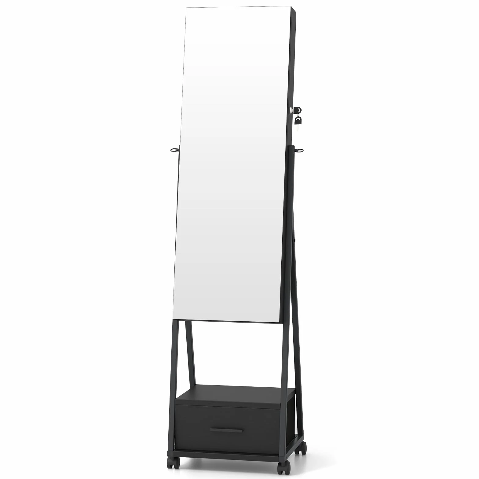 COSTWAY Szafka na biżuterię z lustrem, szafka z lustrem na biżuterię z szufladą, na kółkach, zamykana, wolnostojąca, 42 x 38 x 157 cm (czarna)