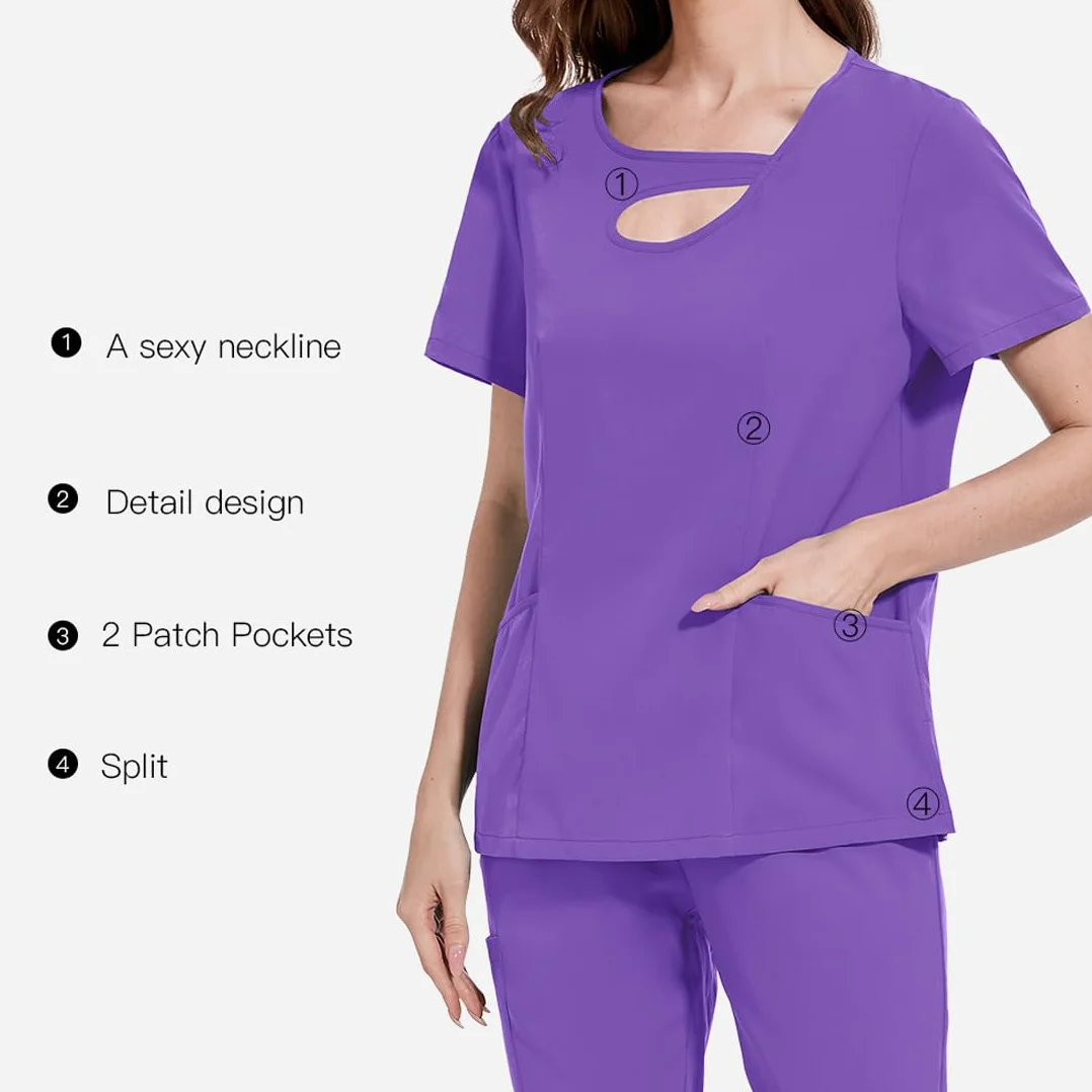Scrubs mundury zestaw damski, nieregularny kołnierz ultracienkie luźne wielowymiarowe peelingi damskie medyczne peelingi top i spodnie miękkie wygody, tuniki opieki zdrowotnej, odzież robocza w