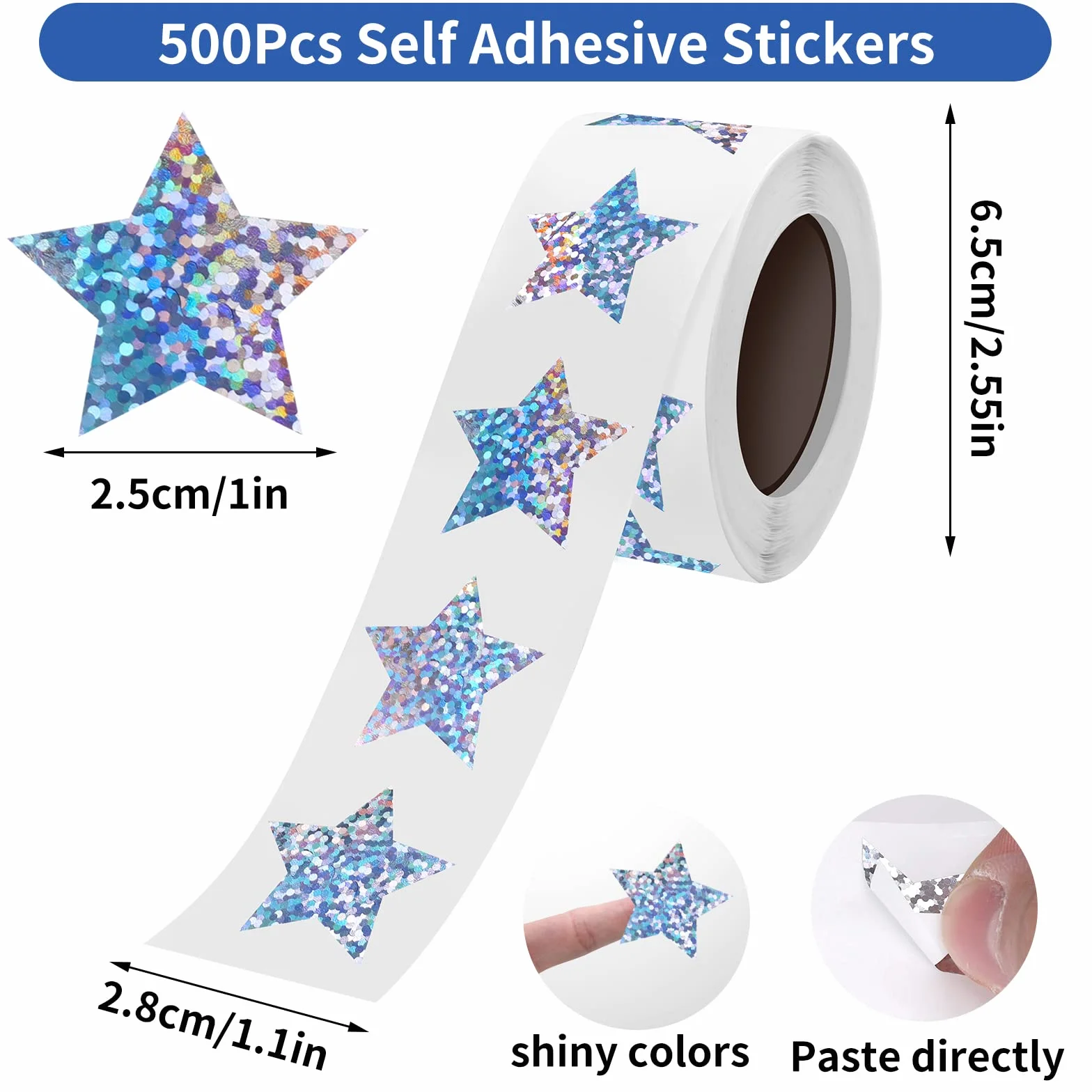 TIESOME 500 szt. holograficznych brokatowych naklejek z gwiazdami dla dzieci, nagroda, 2,5 cm, foliowe małe gwiazdki, metaliczne naklejki w rolce, samoprzylepne naklejki odblaskowe na ścianę,