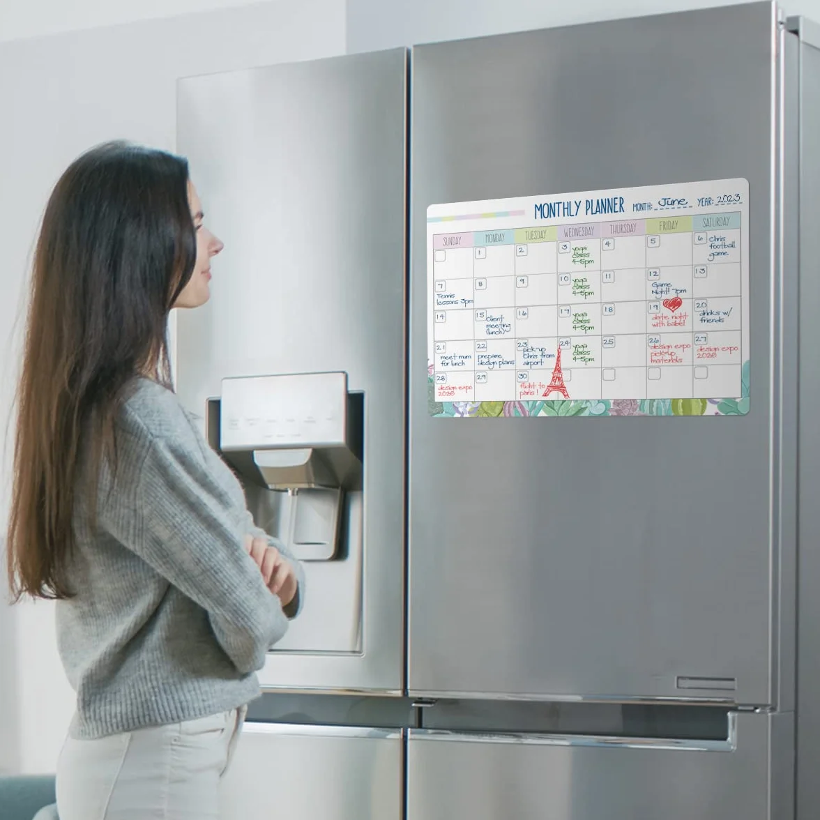 Joeji's Kitchen Magnetyczny planer miesięczny, organizer tablicowy, łatwy montaż na lodówce, kalendarz rodzinny, plansza posiłków, 4 markery z gumkami